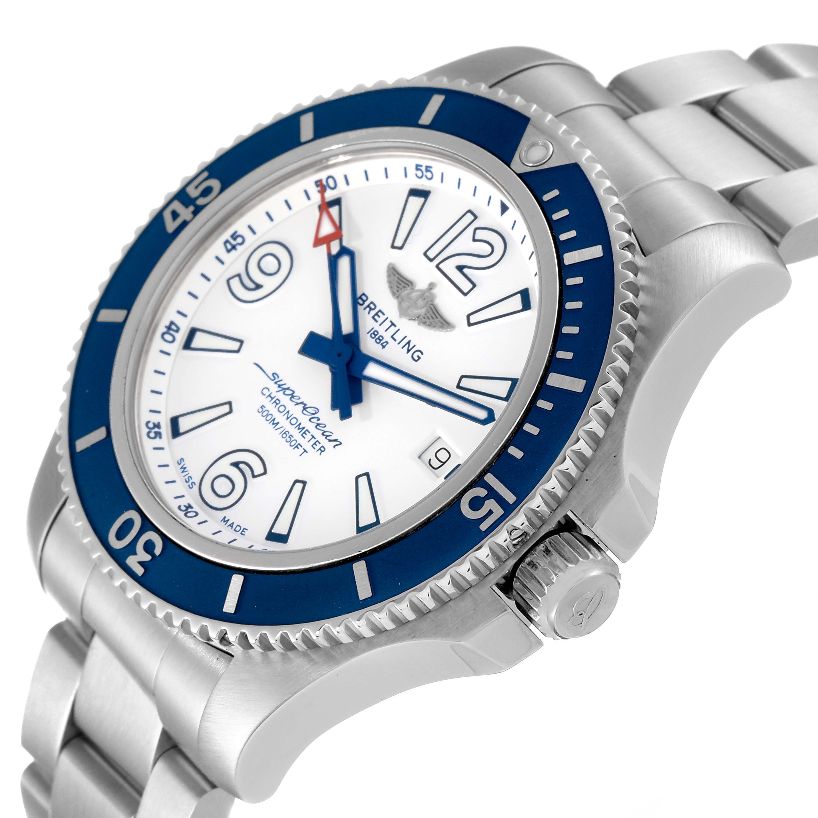 The Breitling Superocean A17366 Men's Stainless Steel White Dial A17366 Men's Stainless Steel White Dial watch is displayed at a slight angle, showcasing its dial, bezel, crown, and part of the bracelet.