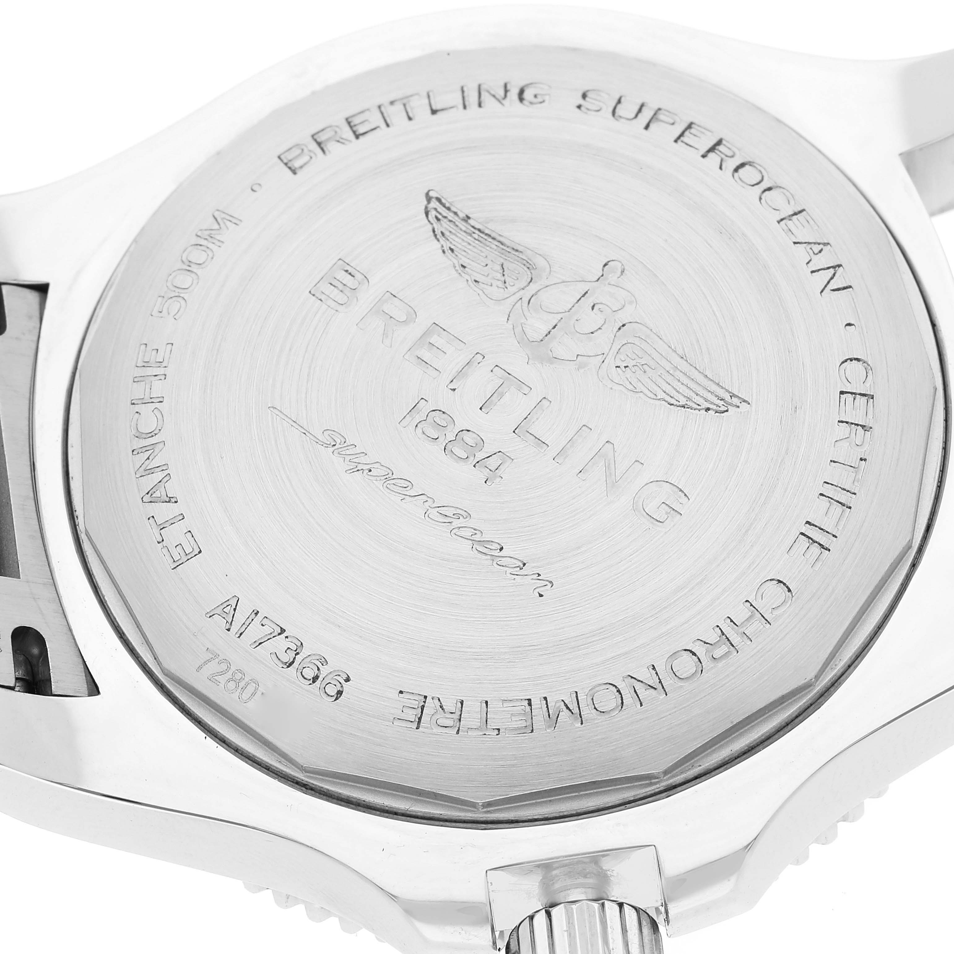 The image shows the back of a Breitling Superocean A17366 Men's Stainless Steel White Dial A17366 Men's Stainless Steel White Dial watch, including the case back and part of the crown.