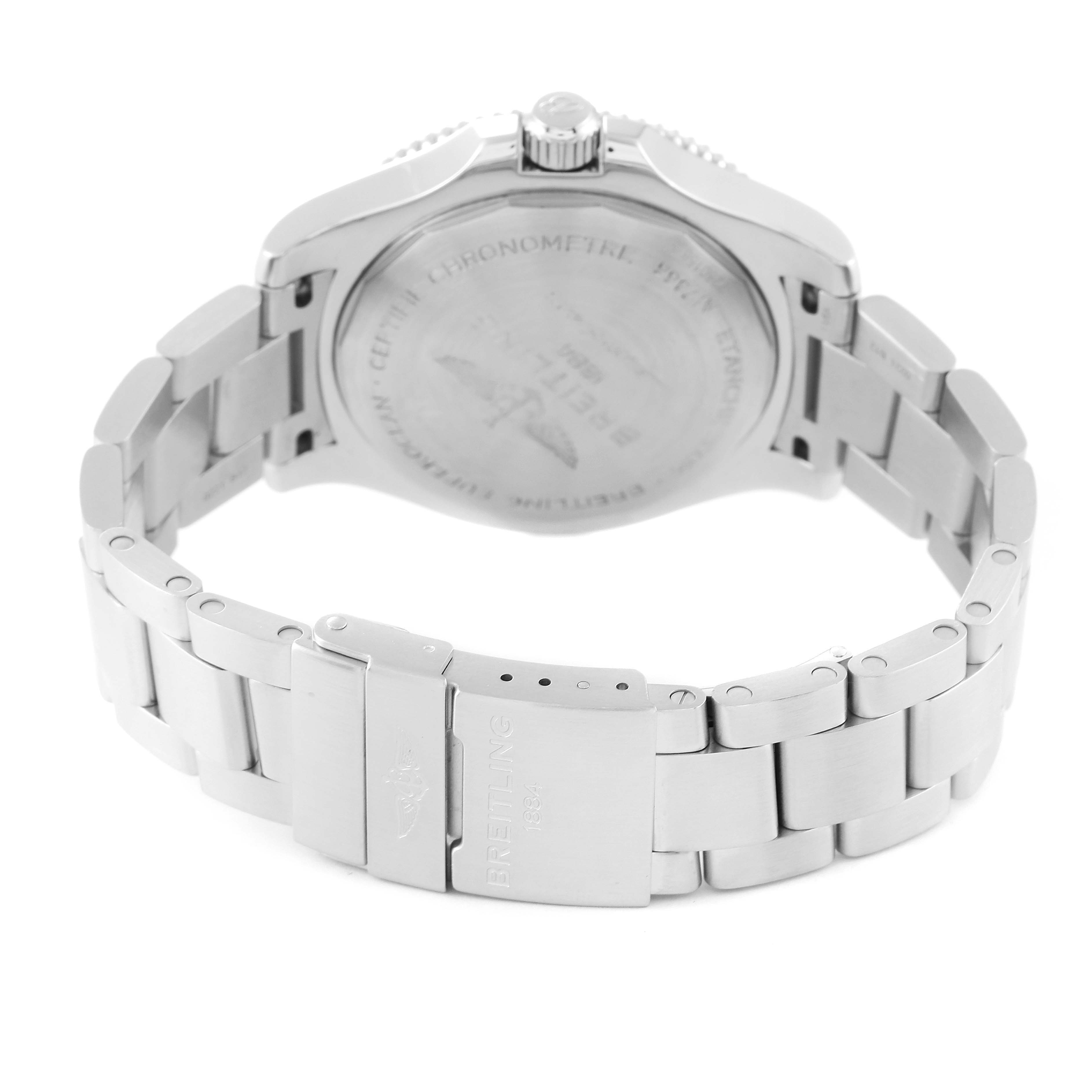The image shows the back and bracelet of a Breitling Superocean A17366 Men's Stainless Steel White Dial A17366 Men's Stainless Steel White Dial watch, highlighting the clasp and case back.