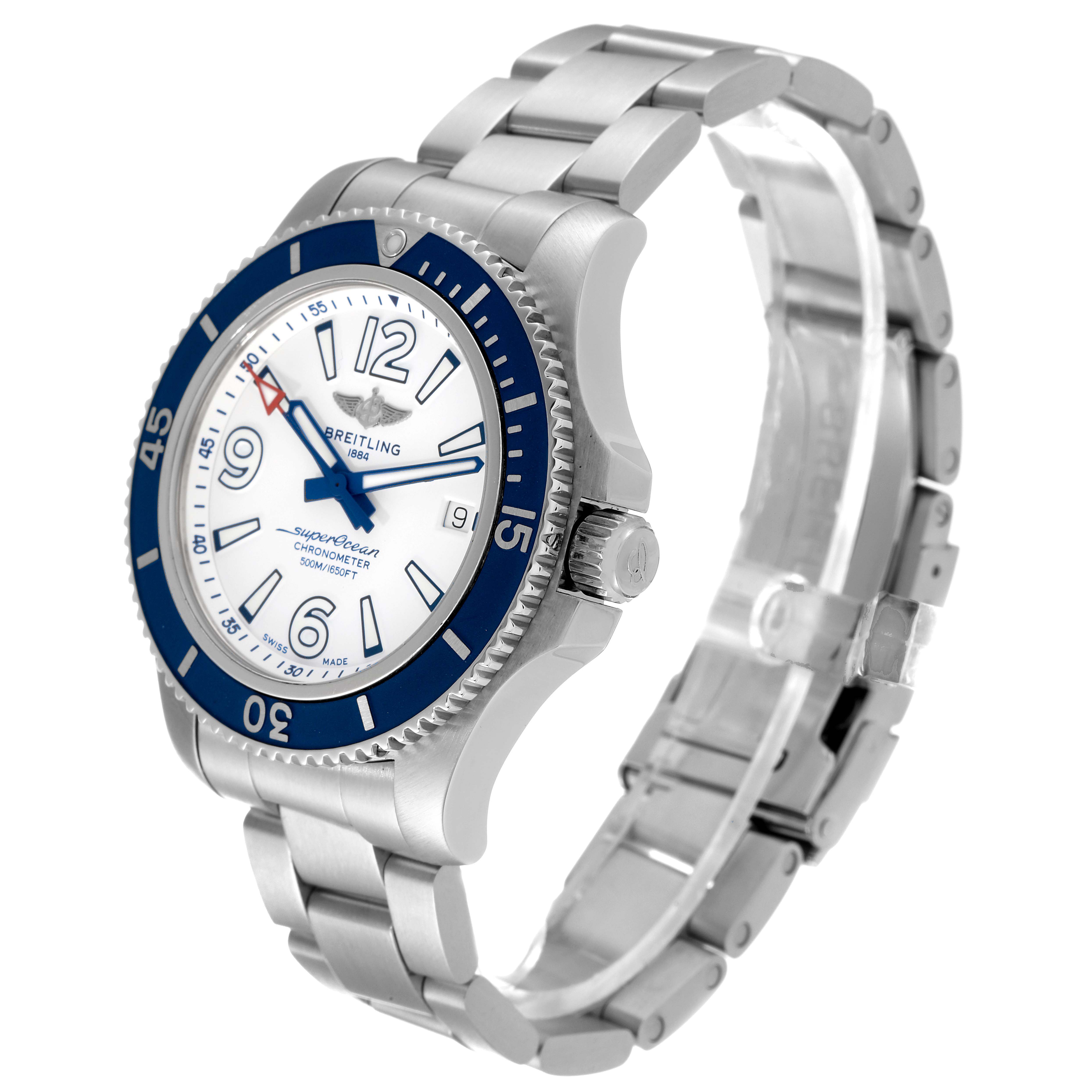 The Breitling Superocean A17366 Men's Stainless Steel White Dial A17366 Men's Stainless Steel White Dial watch is shown at an angle displaying the face, bezel, crown, and bracelet.