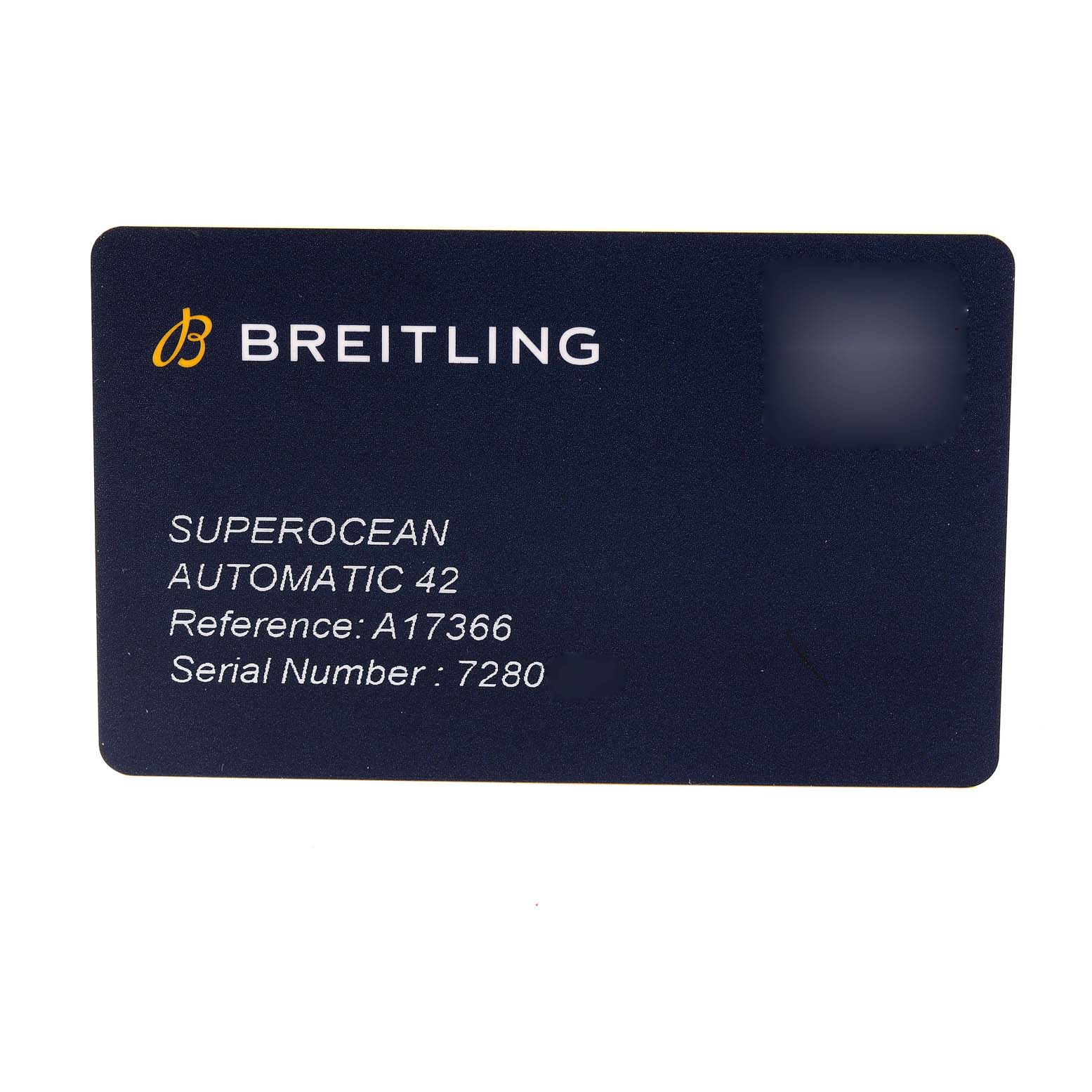 The image shows an identification card for the Breitling Superocean A17366 Men's Stainless Steel White Dial A17366 Men's Stainless Steel White Dial Automatic 42 watch model, with reference number A17366 and serial number 7280.