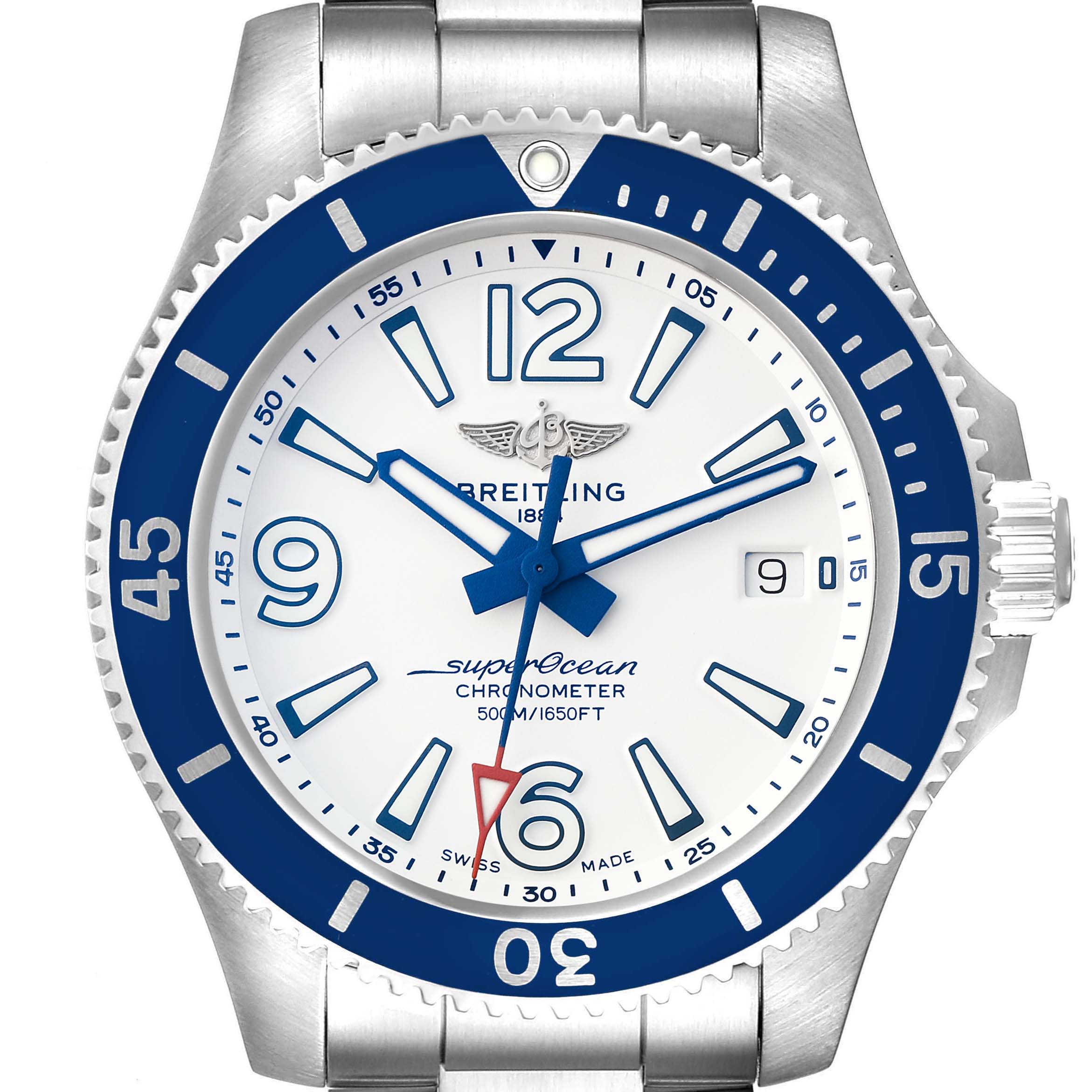 The Breitling Superocean A17366 Men's Stainless Steel White Dial A17366 Men's Stainless Steel White Dial watch is shown from a top-down angle, highlighting the face, bezel, and partial bracelet.