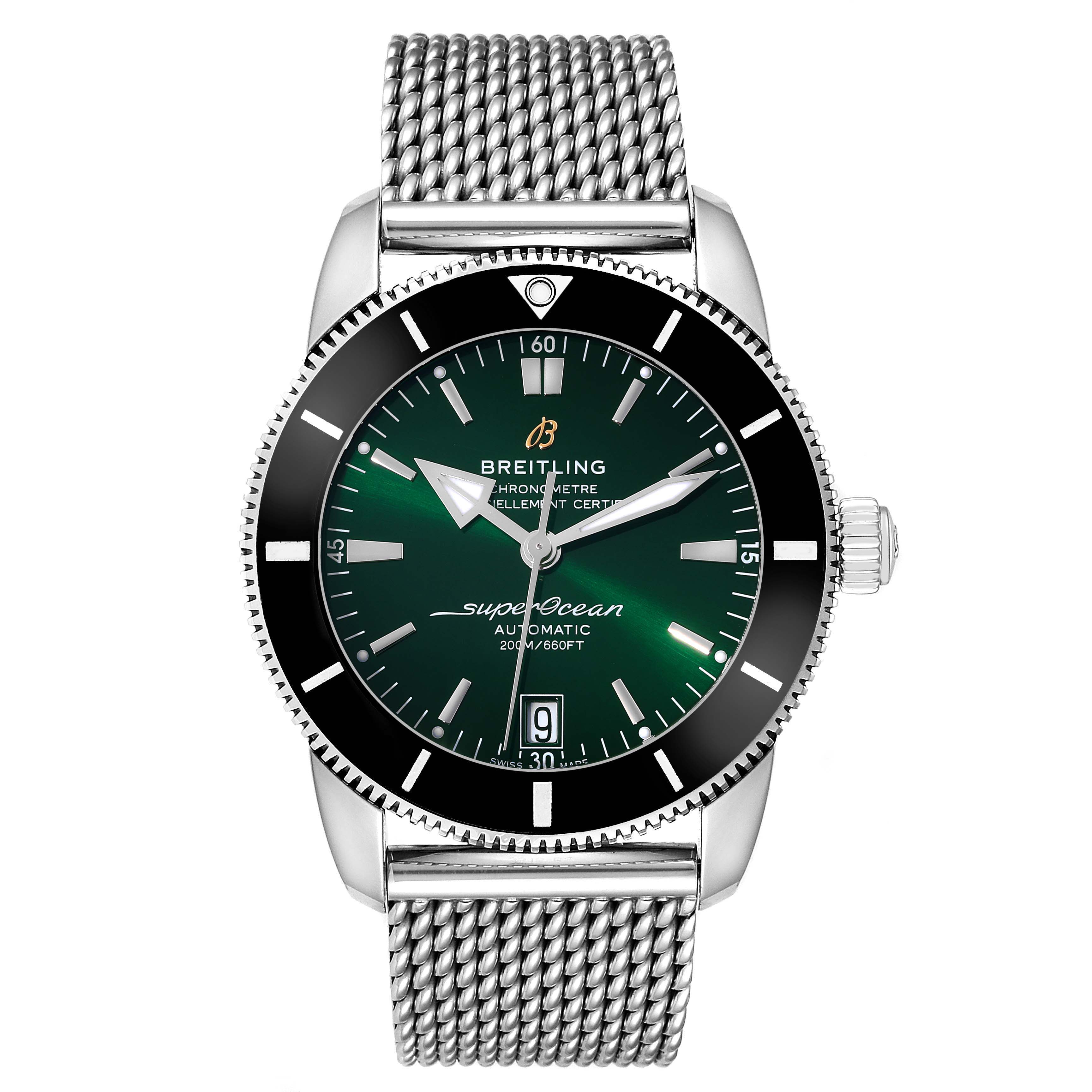 The image shows a front view of a Breitling Superocean AB2010 Men's Stainless Steel Green Dial AB2010 Men's Stainless Steel Green Dial watch featuring a green dial, date display, and mesh strap.
