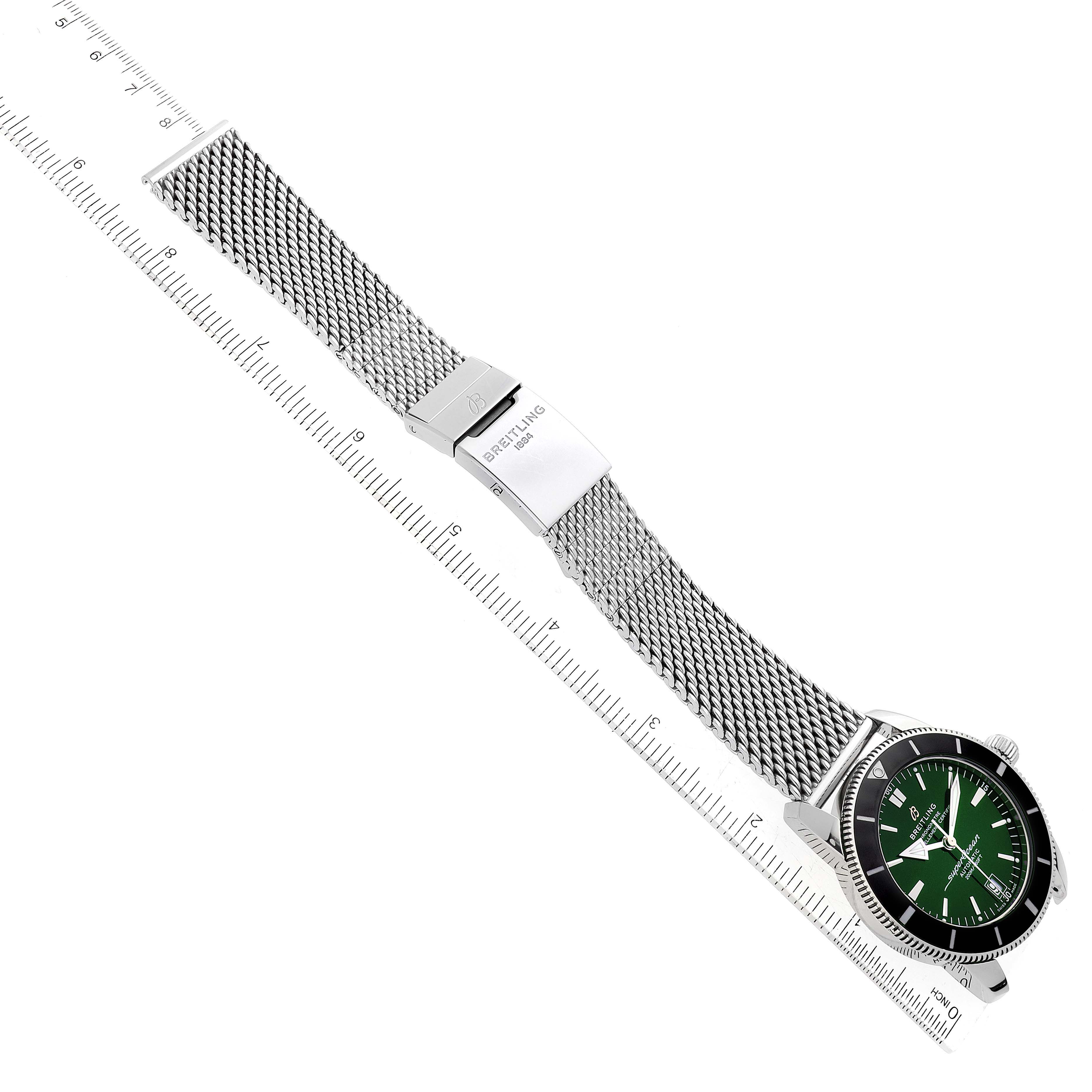 The Breitling Superocean AB2010 Men's Stainless Steel Green Dial AB2010 Men's Stainless Steel Green Dial watch is shown at a slight angle; it features a green dial, stainless steel mesh strap, and clasp.