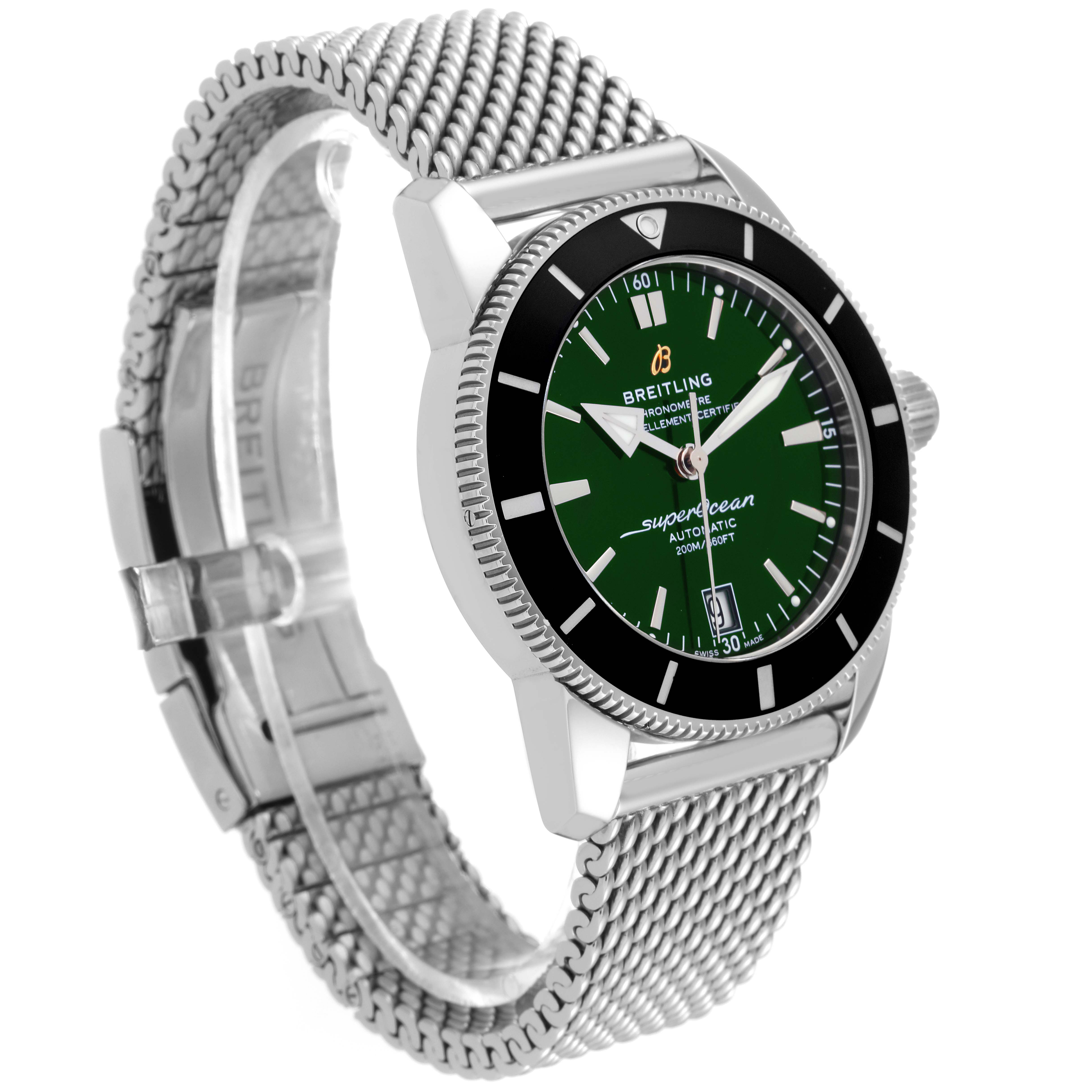 The image shows an angled view of a Breitling Superocean AB2010 Men's Stainless Steel Green Dial AB2010 Men's Stainless Steel Green Dial watch with a green dial, black bezel, and stainless steel mesh strap.