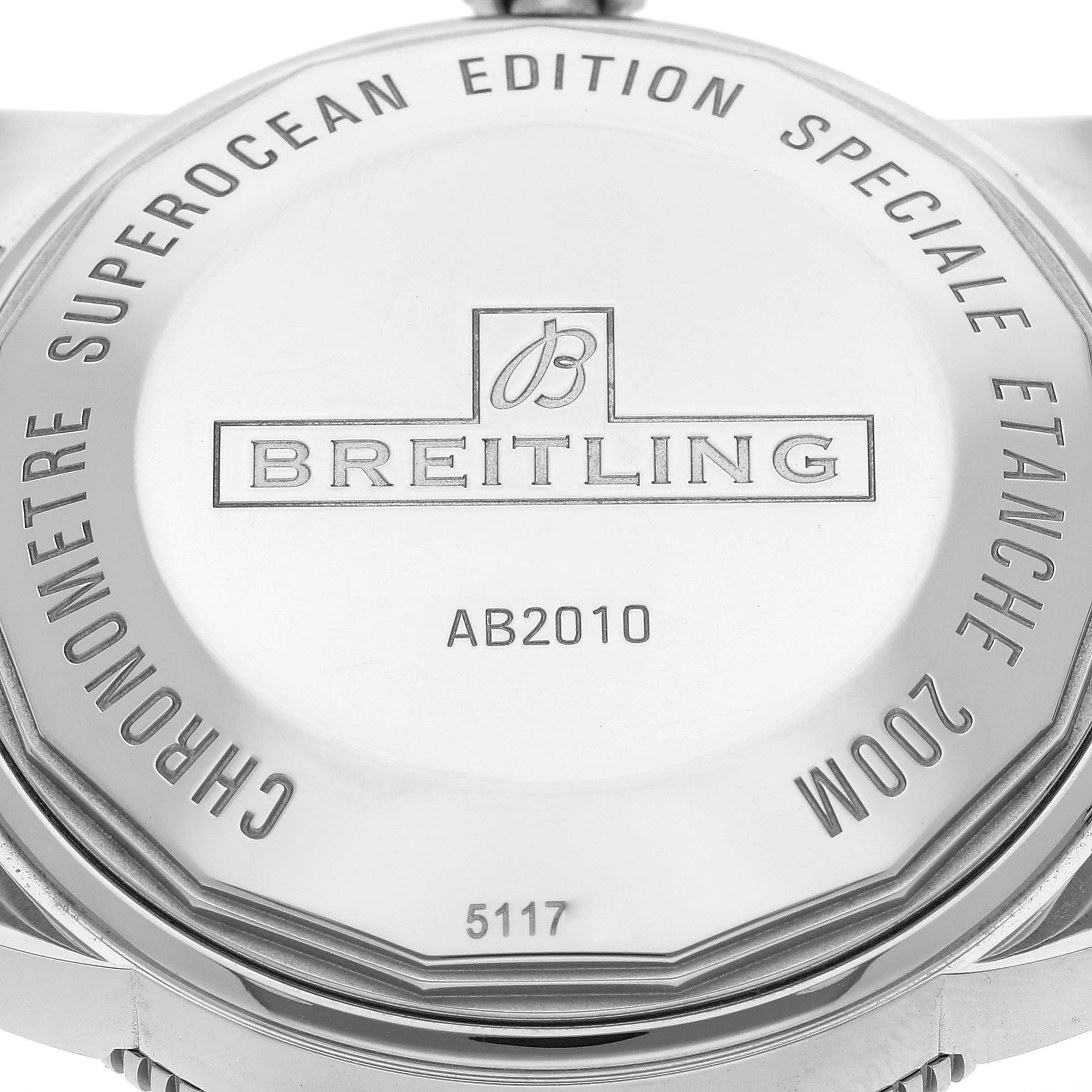 The image shows the back case of the Breitling Superocean AB2010 Men's Stainless Steel Green Dial AB2010 Men's Stainless Steel Green Dial AB2010 watch.