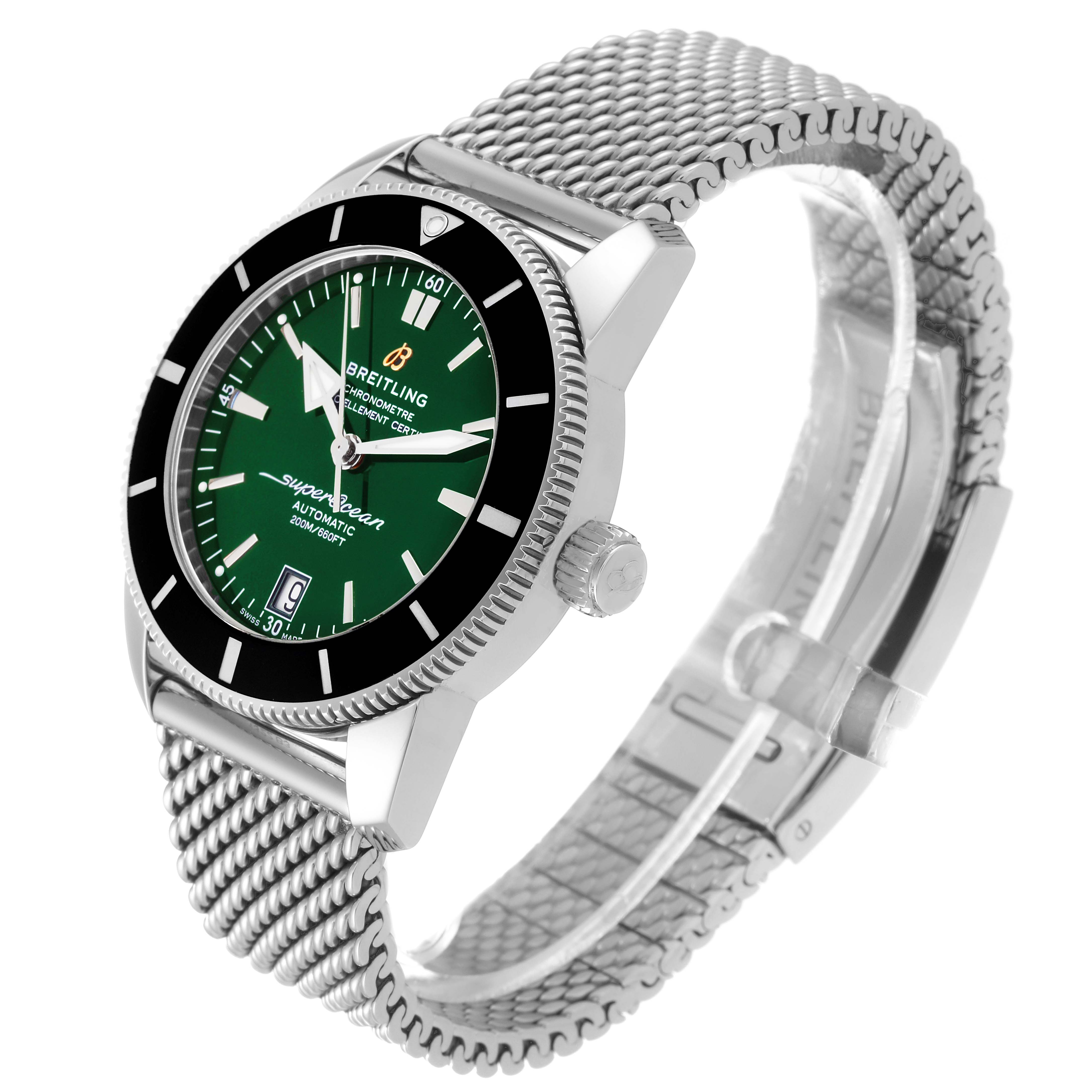 The Breitling Superocean AB2010 Men's Stainless Steel Green Dial AB2010 Men's Stainless Steel Green Dial watch is shown from a three-quarter angle, displaying its face, bezel, crown, and mesh bracelet.