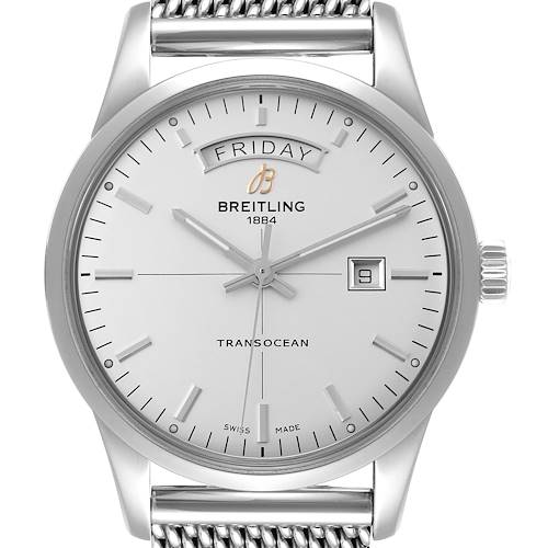 Photo of Breitling Transocean Silver Dial Mesh Bracelet Steel Mens Watch A45310 Box Card
