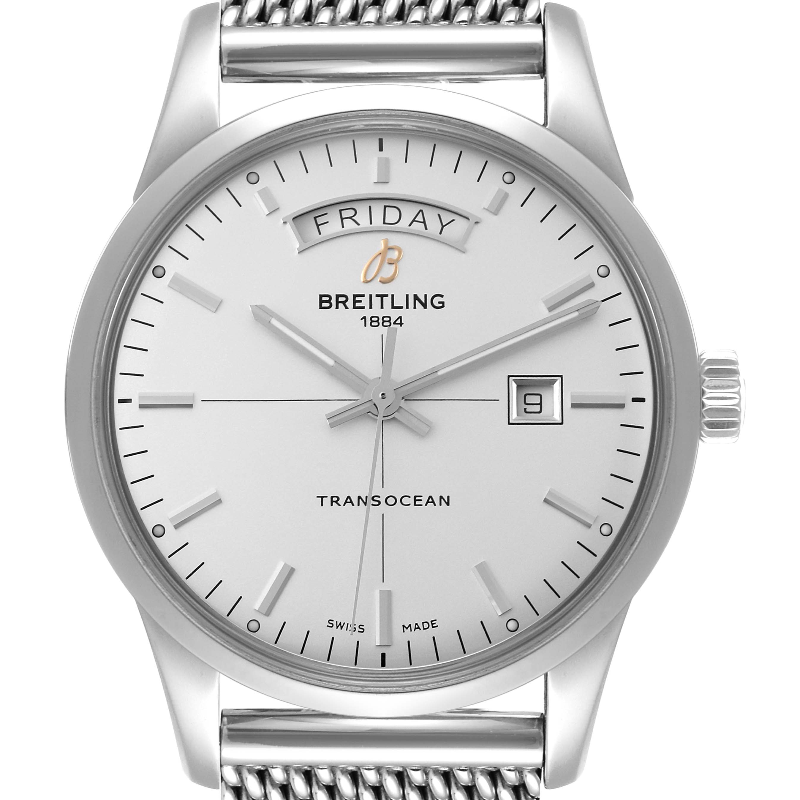 This image shows a frontal view of a Breitling Transocean A45310 Men's Stainless Steel Silver Dial A45310 Men's Stainless Steel Silver Dial watch, focusing on its dial, hands, crown, and part of the bracelet.