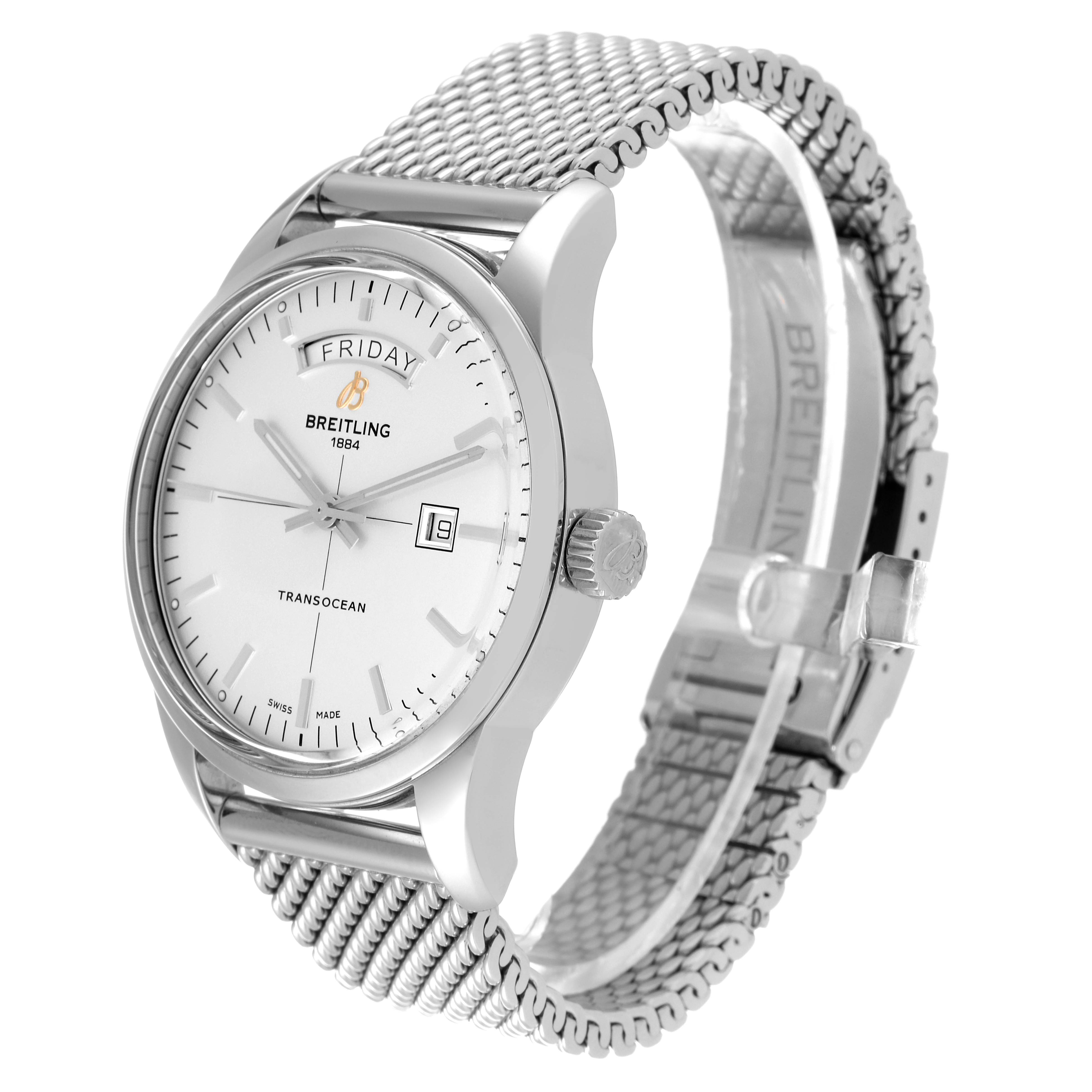 The Breitling Transocean A45310 Men's Stainless Steel Silver Dial A45310 Men's Stainless Steel Silver Dial watch is shown at an angled side view, revealing its face, crown, and mesh strap.