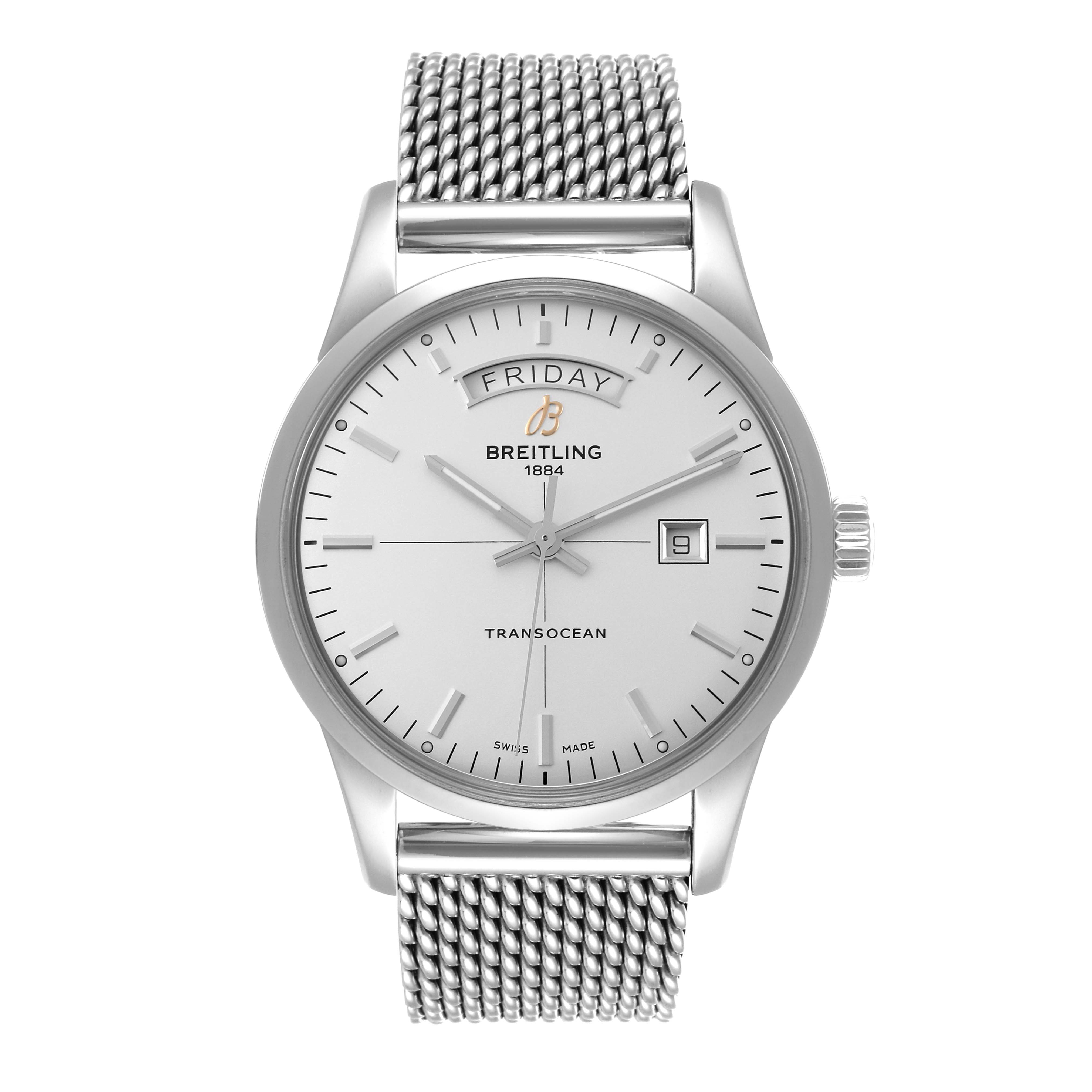 The Breitling Transocean A45310 Men's Stainless Steel Silver Dial A45310 Men's Stainless Steel Silver Dial watch is shown from a front angle, displaying its face, mesh bracelet, and crown.