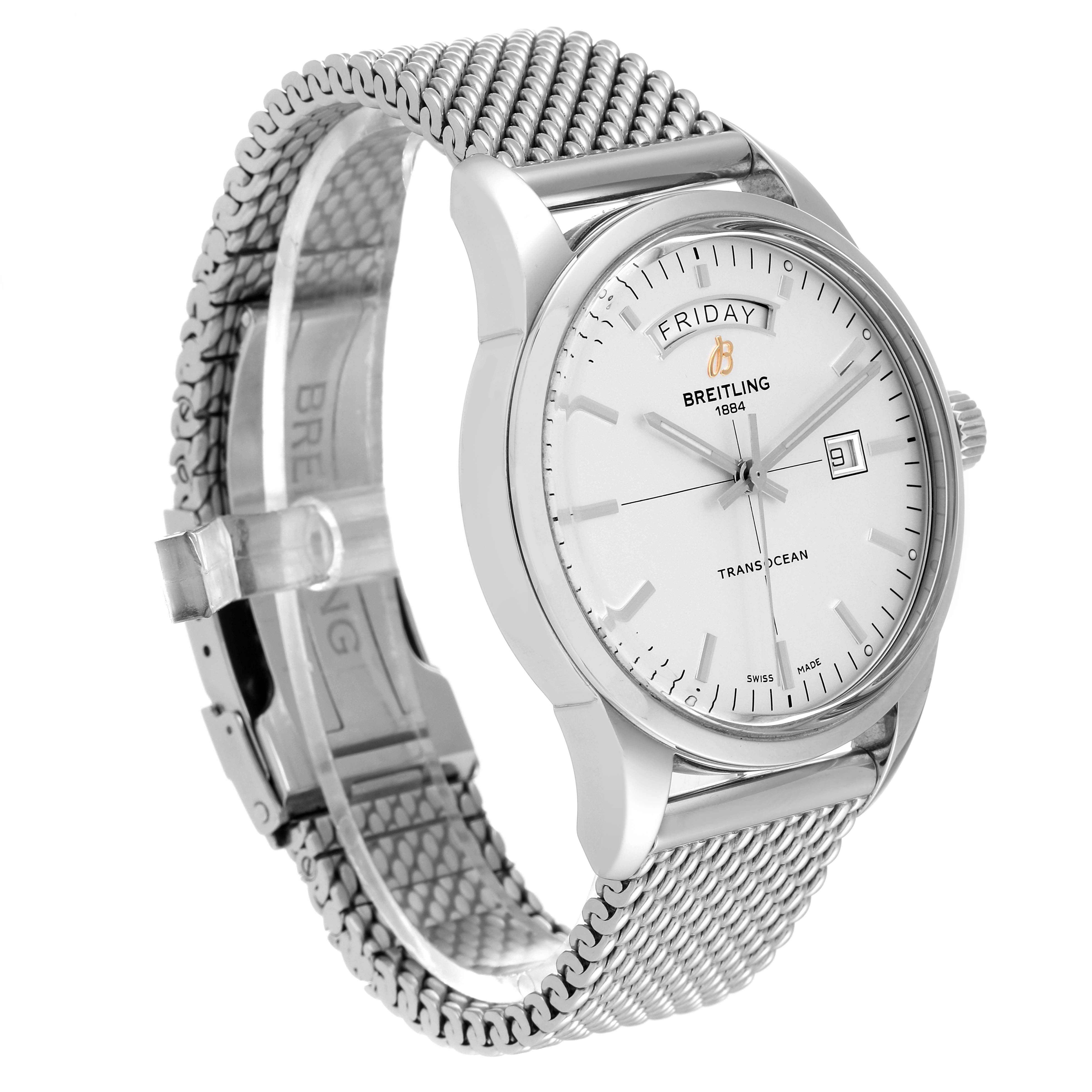 The image shows a Breitling Transocean A45310 Men's Stainless Steel Silver Dial A45310 Men's Stainless Steel Silver Dial watch at a three-quarter angle, highlighting the watch face, mesh bracelet, and clasp.