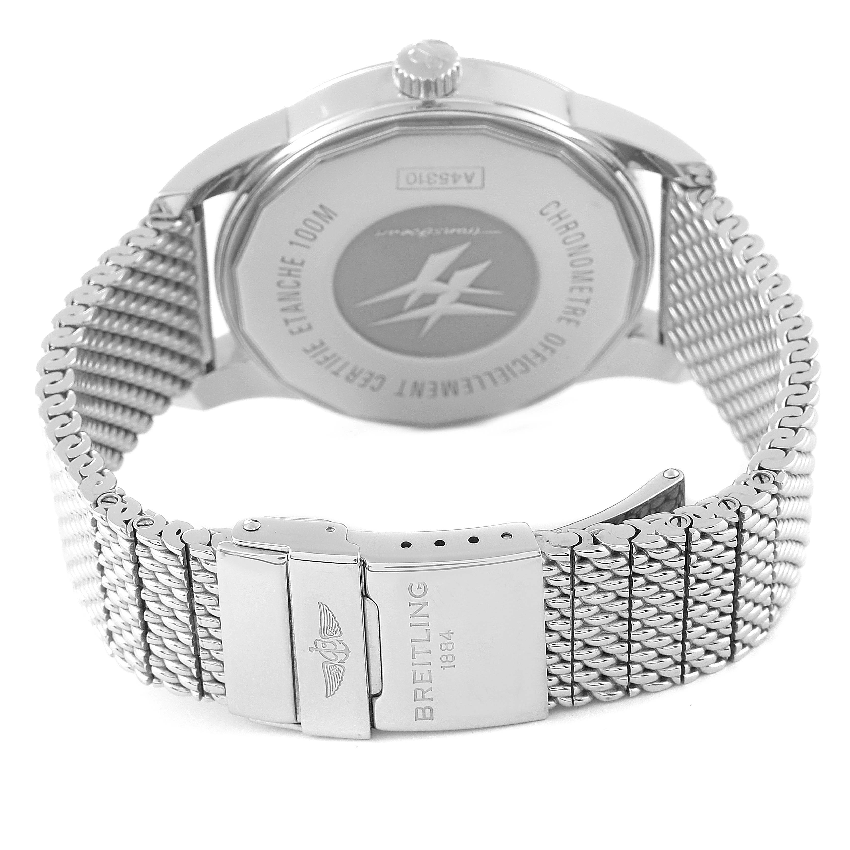 The image shows the back case and metal mesh strap of a Breitling Transocean A45310 Men's Stainless Steel Silver Dial A45310 Men's Stainless Steel Silver Dial watch from a rear angle.