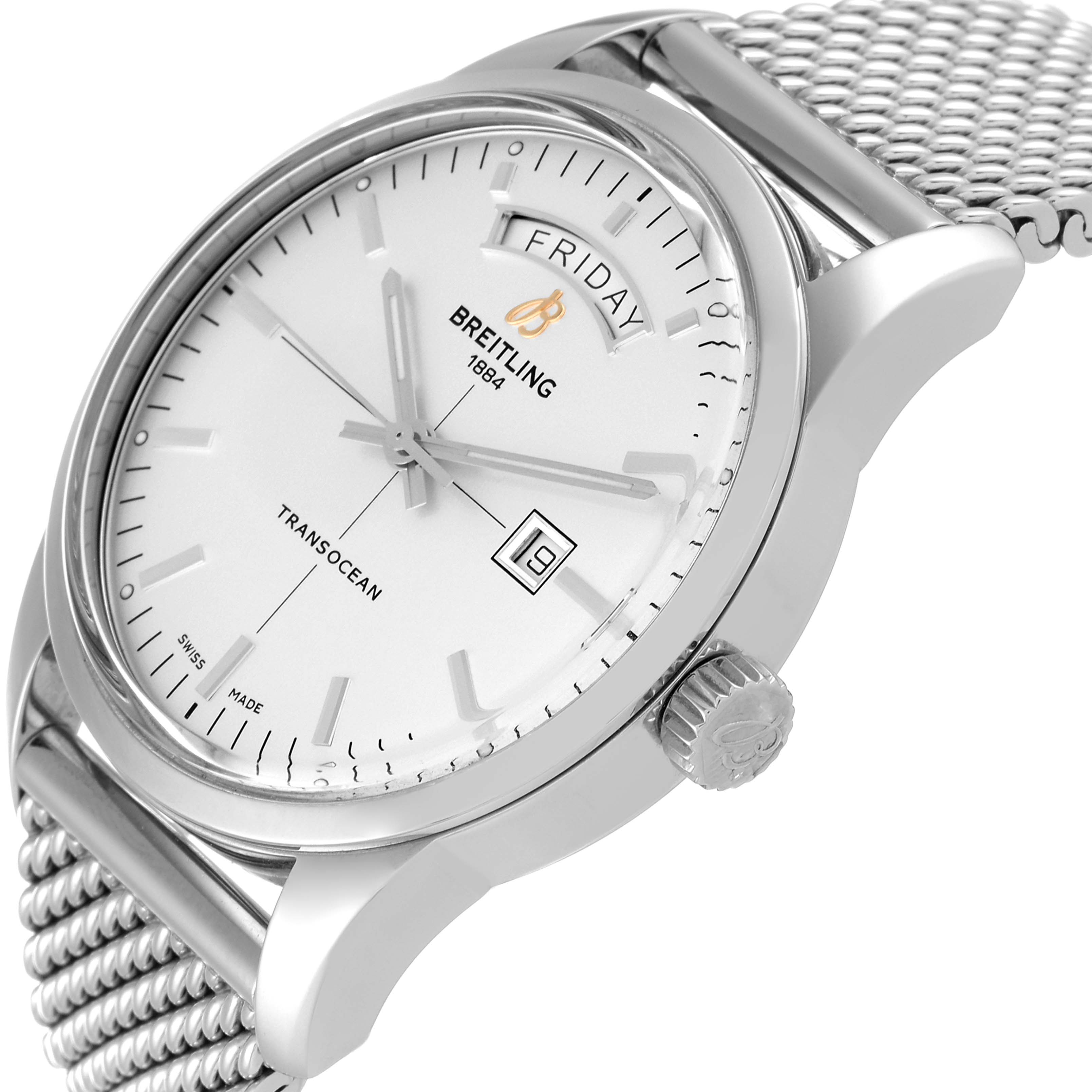 The image shows a side angle of the Breitling Transocean A45310 Men's Stainless Steel Silver Dial A45310 Men's Stainless Steel Silver Dial watch, highlighting the face, crown, and mesh bracelet.