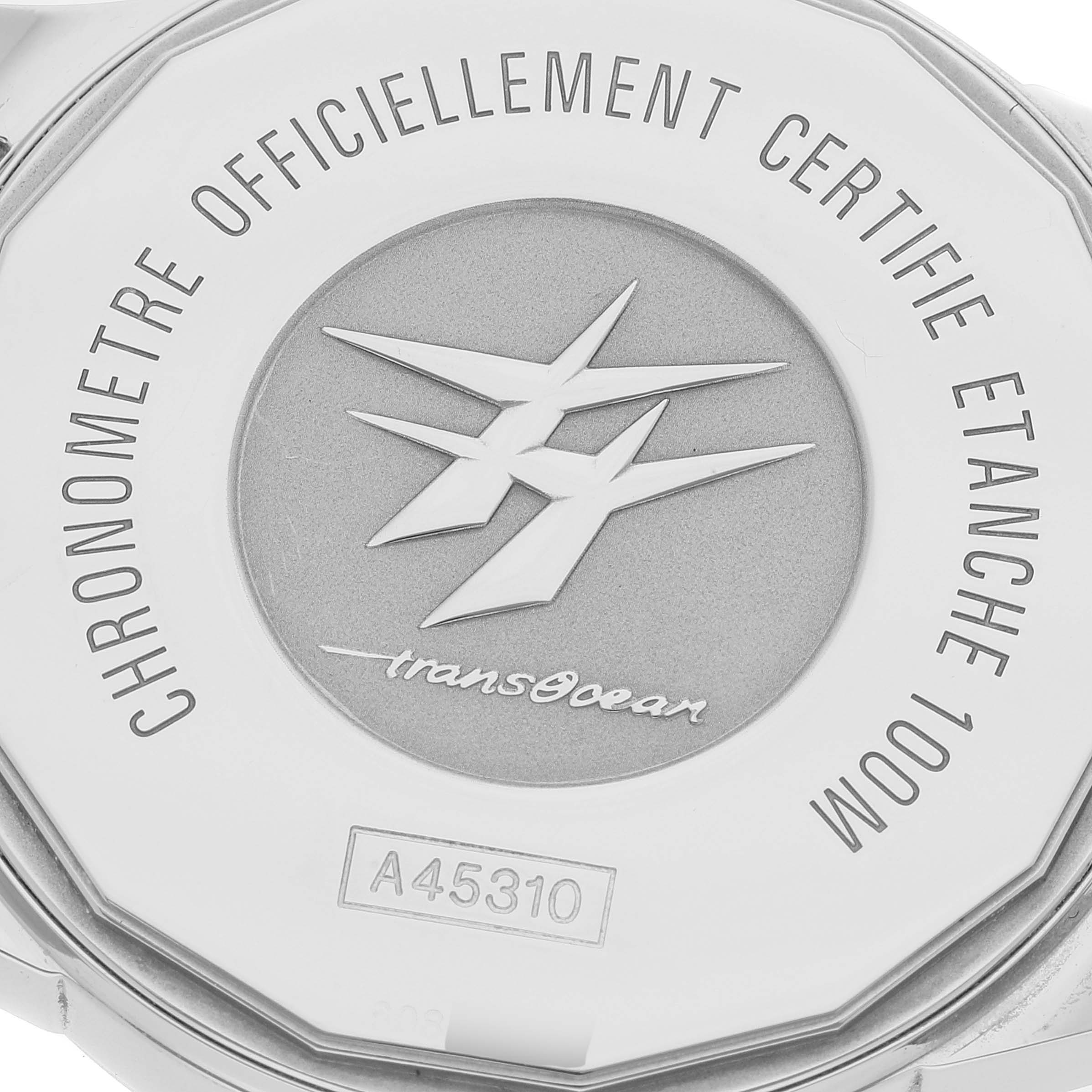 The image shows the case back of a Breitling Transocean A45310 Men's Stainless Steel Silver Dial A45310 Men's Stainless Steel Silver Dial model watch, displaying its logo, model number, and water resistance information.