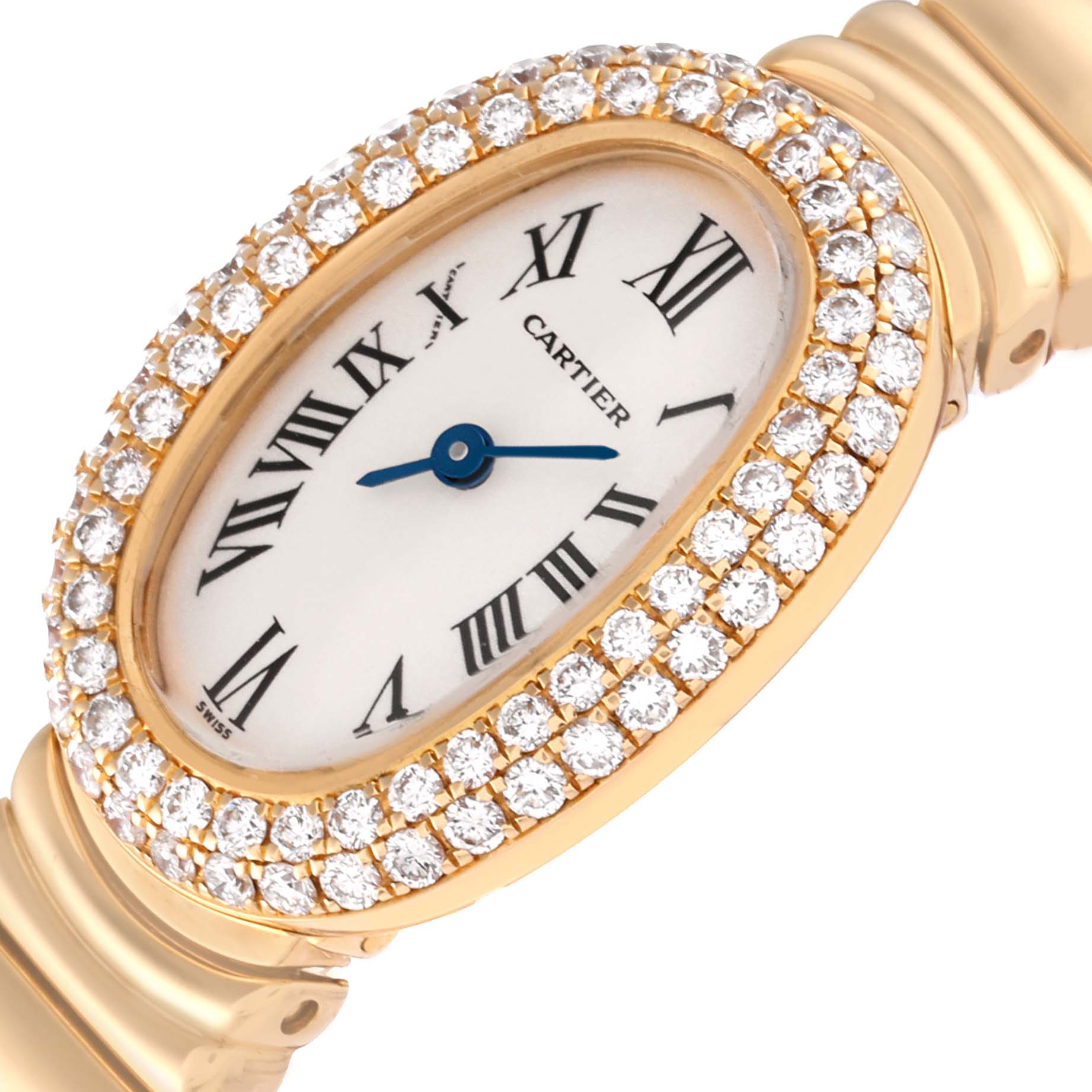 The Cartier Baignoire WB5094D8 Women's Yellow Gold Silver Dial WB5094D8 Women's Yellow Gold Silver Dial watch is shown at an angled close-up, revealing its oval dial, diamond-studded bezel, and Roman numeral markers.