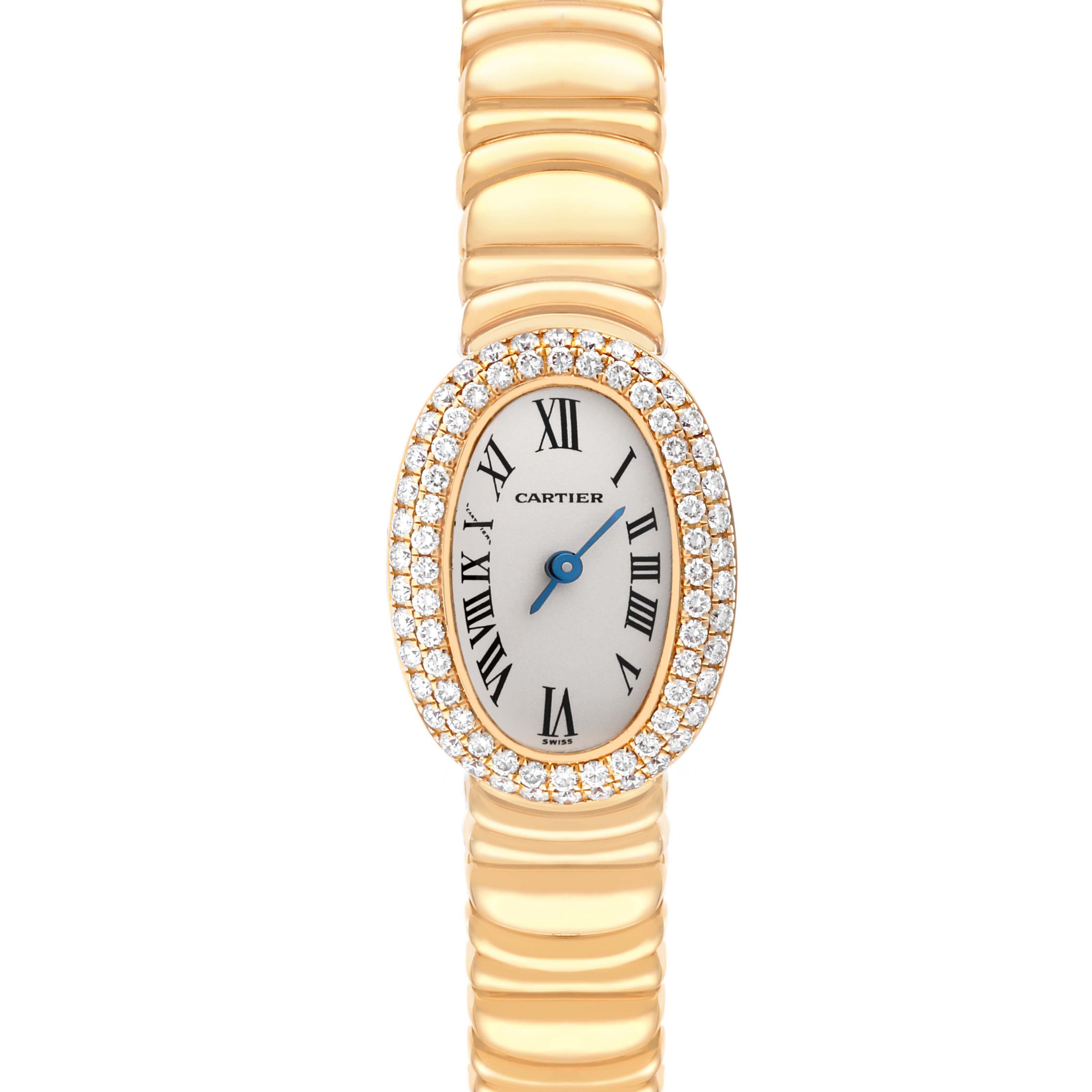 The Cartier Baignoire WB5094D8 Women's Yellow Gold Silver Dial WB5094D8 Women's Yellow Gold Silver Dial watch is shown from a front angle, highlighting the face, strap, and diamond-encrusted bezel.