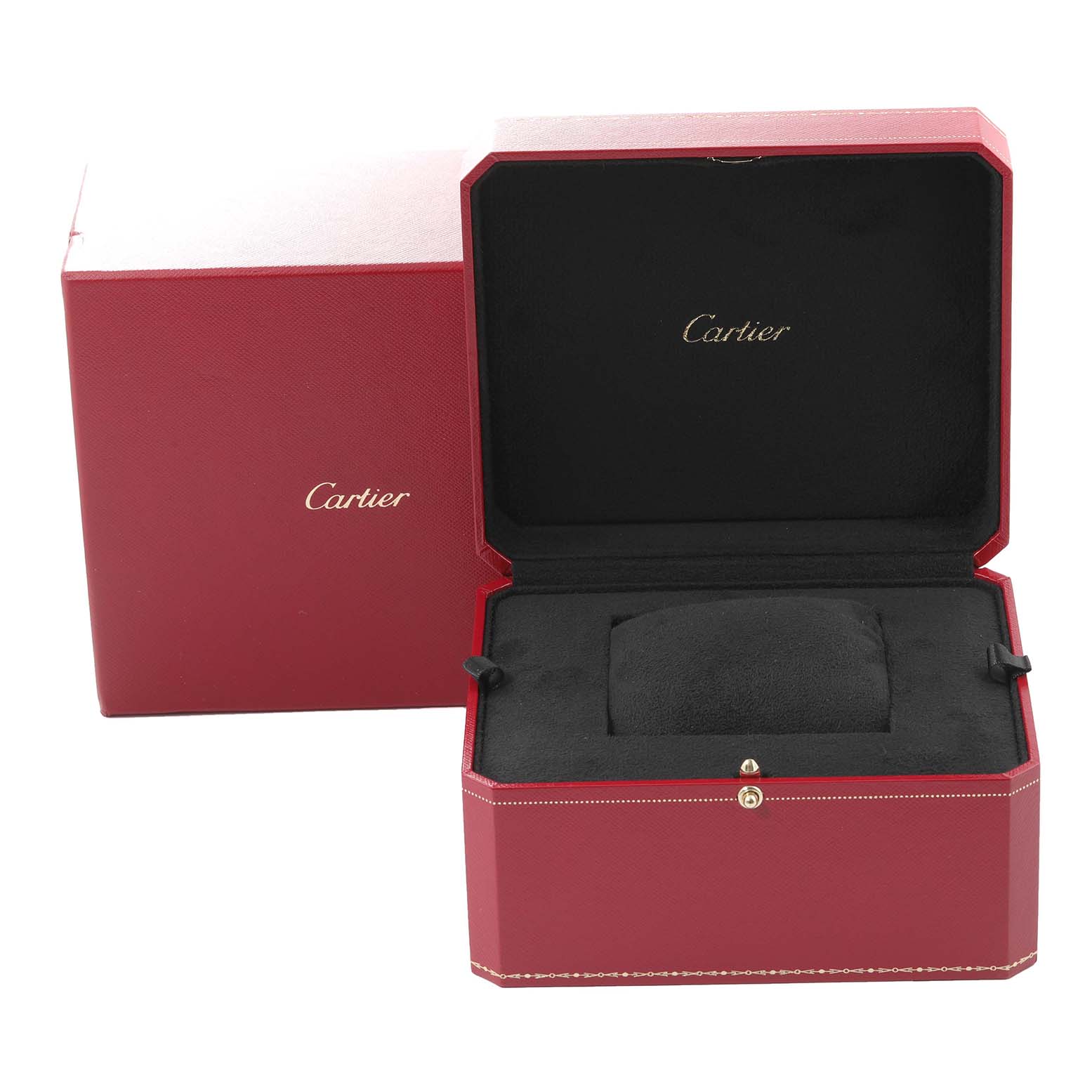 The image shows an open red Cartier box for the Baignoire model watch with its black interior and cushion.