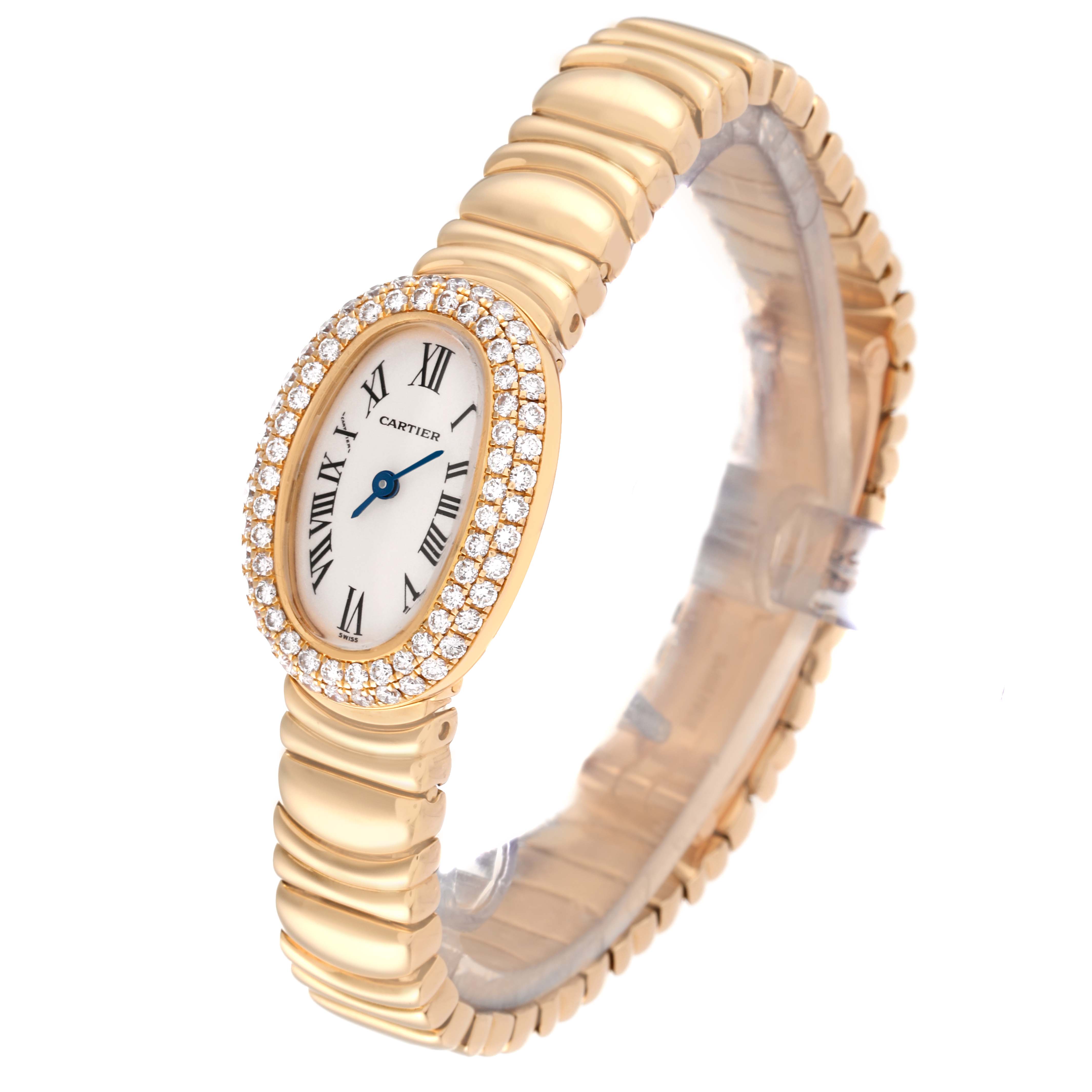 This is a front angle view of a Cartier Baignoire WB5094D8 Women's Yellow Gold Silver Dial WB5094D8 Women's Yellow Gold Silver Dial watch, showcasing the oval face, Roman numerals, and gold bracelet.