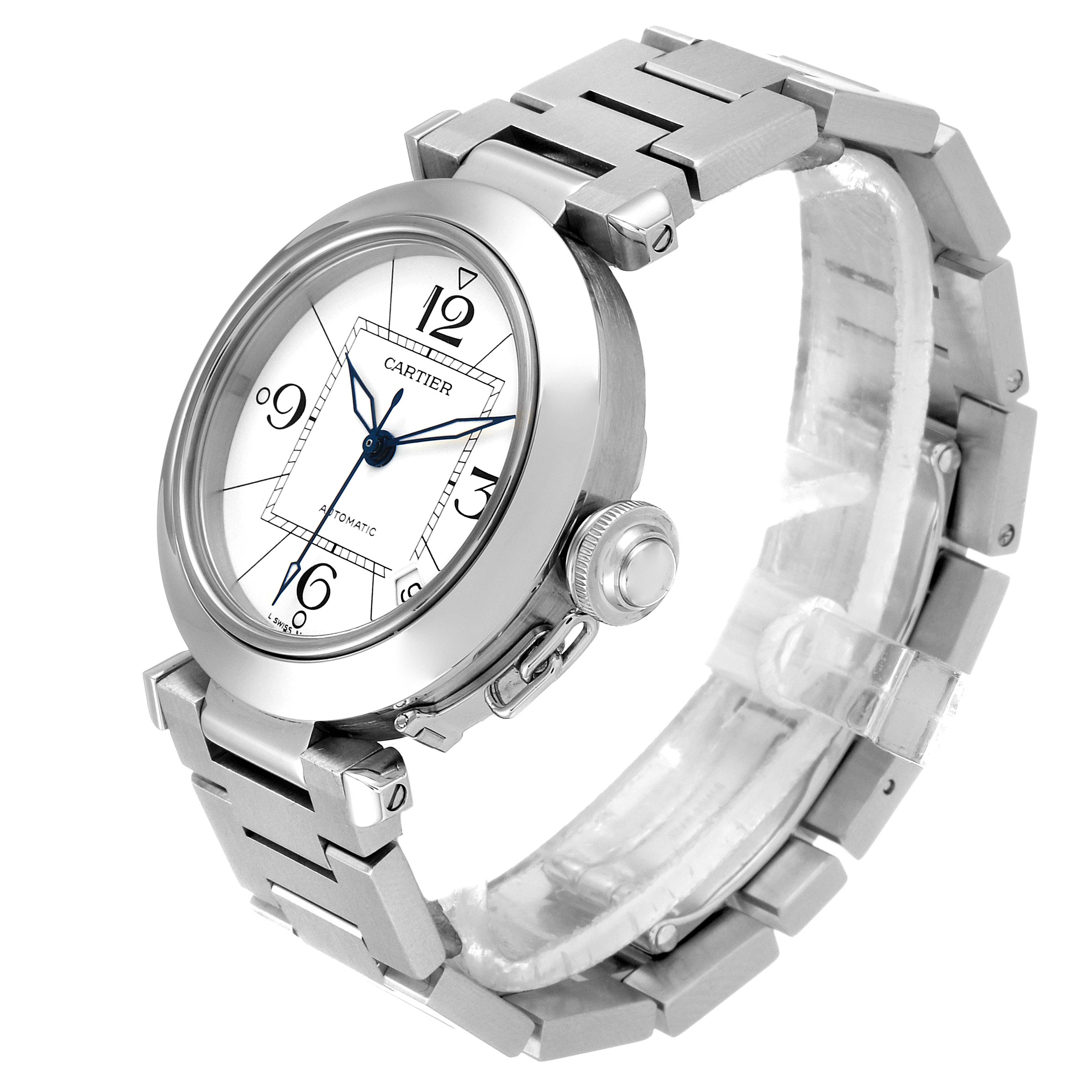 This image shows the Cartier Pasha W31074M7 Men's Stainless Steel White Dial W31074M7 Men's Stainless Steel White Dial watch from an angled side view, highlighting the dial and metal bracelet.