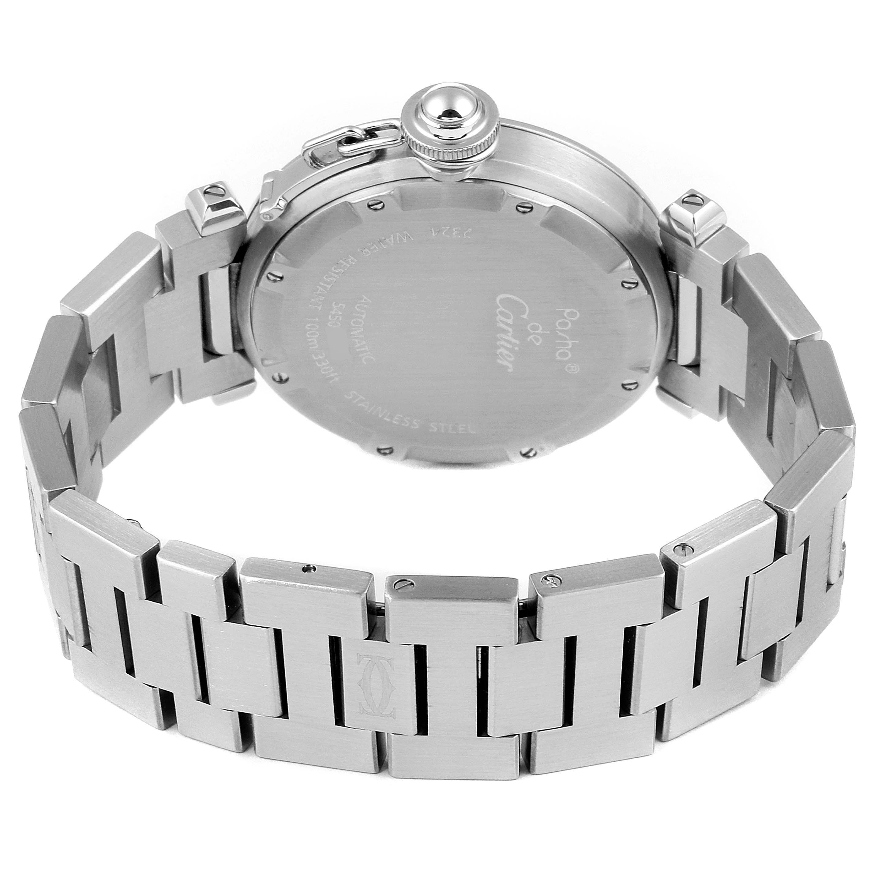 The image shows the back case and bracelet of a Cartier Pasha W31074M7 Men's Stainless Steel White Dial W31074M7 Men's Stainless Steel White Dial watch, focusing on the stainless steel details and clasp.