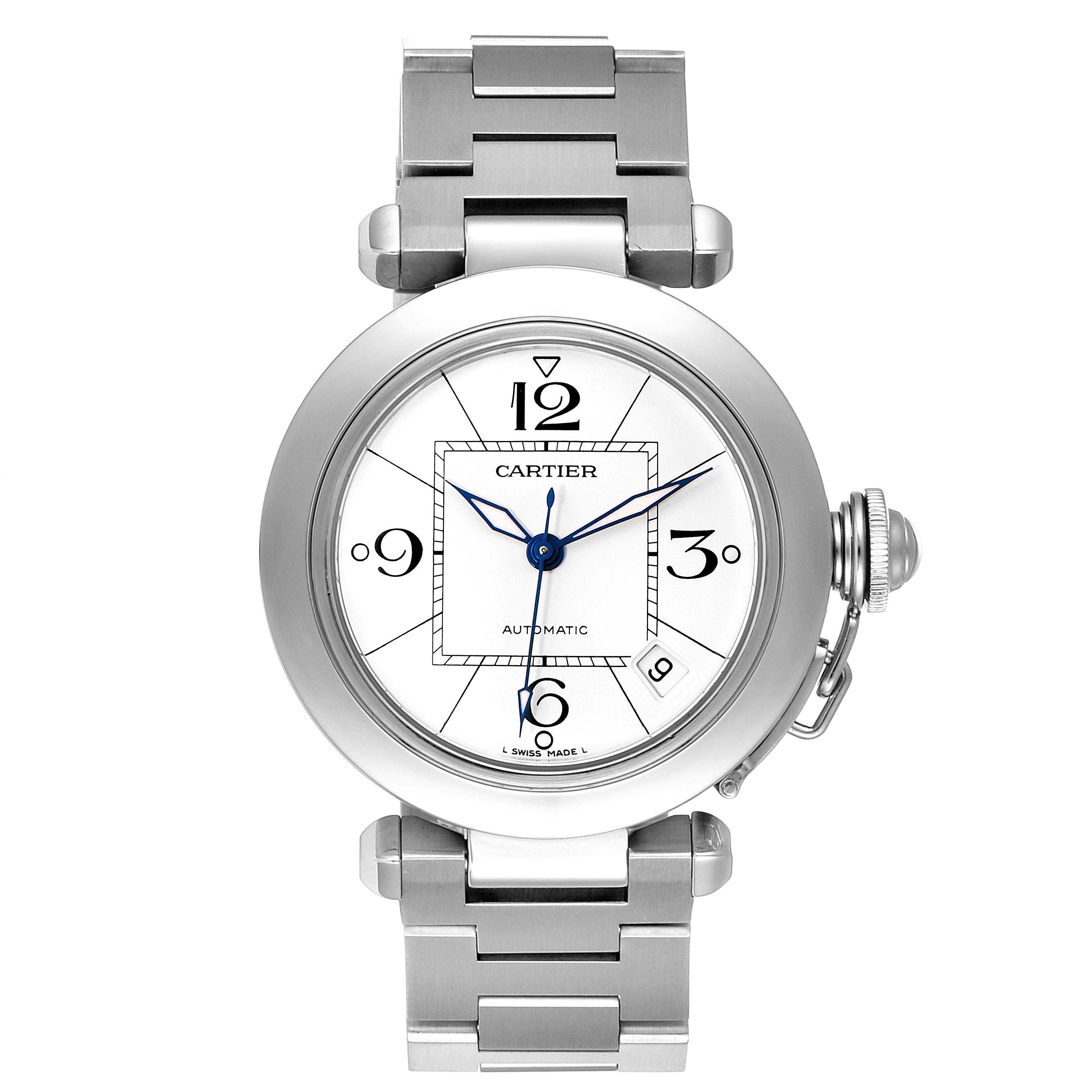 The image shows a front view of a Cartier Pasha W31074M7 Men's Stainless Steel White Dial W31074M7 Men's Stainless Steel White Dial watch, highlighting its round face, numerals, and metallic bracelet.