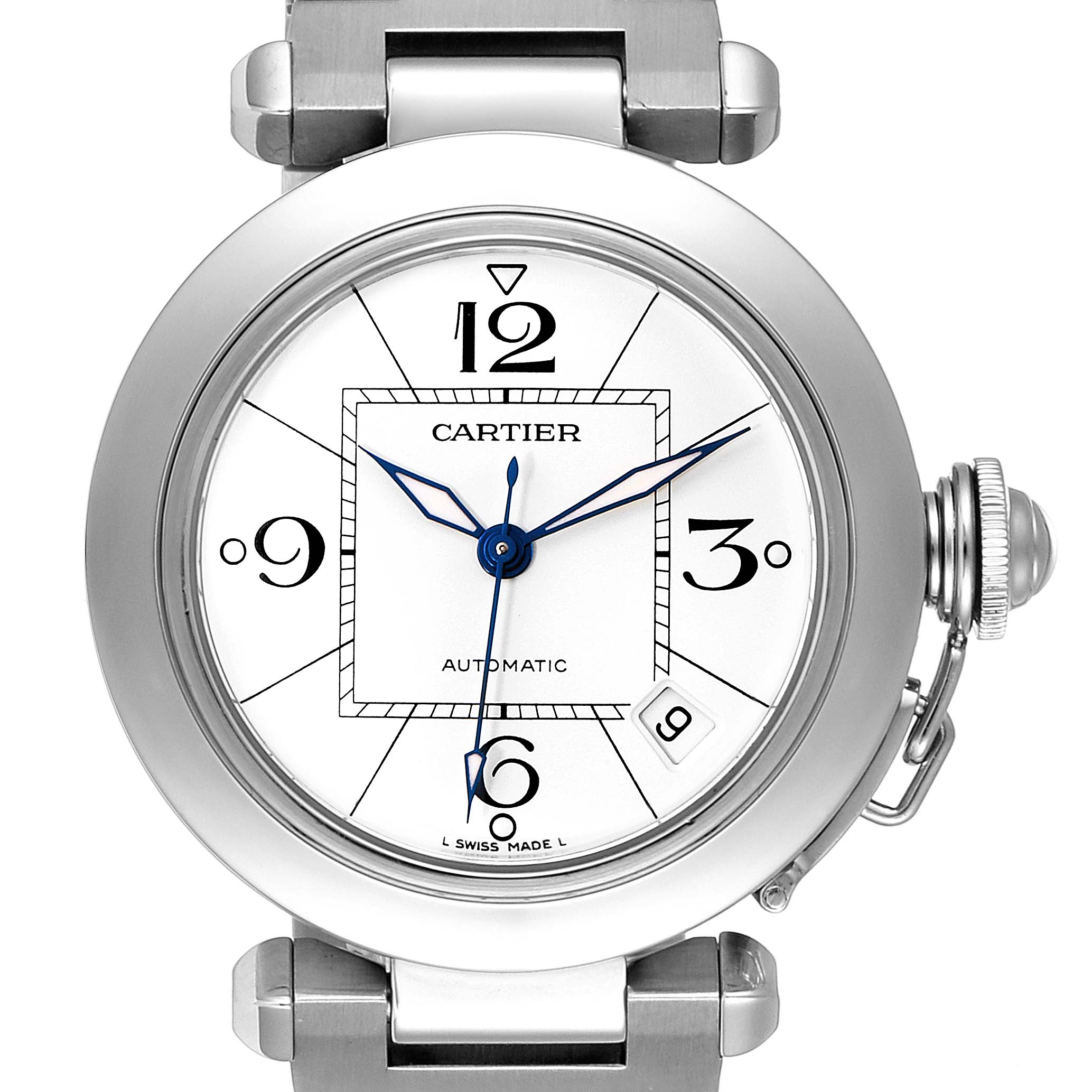 The image shows a front view of the Cartier Pasha W31074M7 Men's Stainless Steel White Dial W31074M7 Men's Stainless Steel White Dial watch, displaying its round face, blue hands, numerals, and distinctive crown guard.