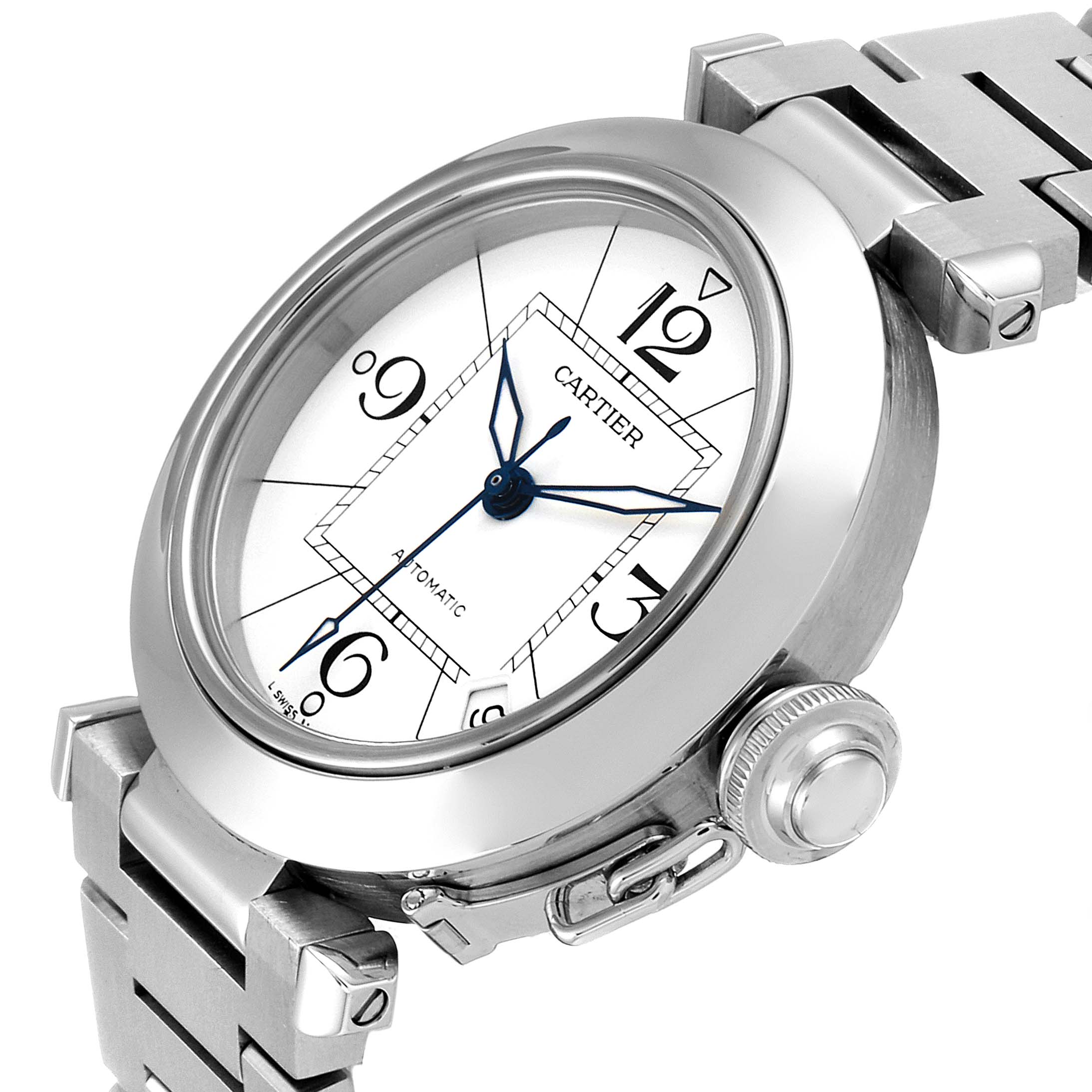 The image shows a close-up side angle of the Cartier Pasha W31074M7 Men's Stainless Steel White Dial W31074M7 Men's Stainless Steel White Dial model watch featuring its dial, crown, and part of the bracelet.