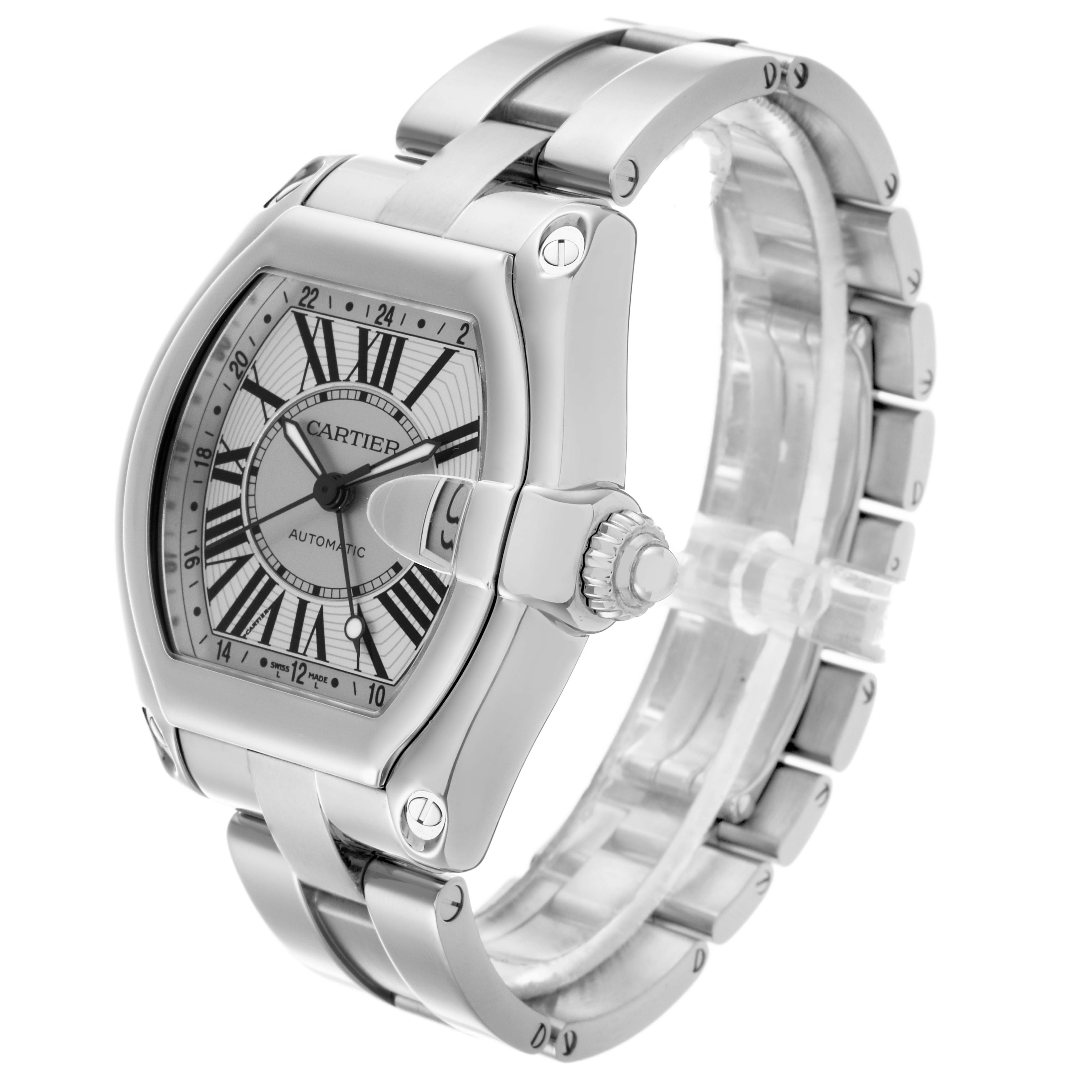The Cartier Roadster W62032X6 Men's Stainless Steel Silver Dial W62032X6 Men's Stainless Steel Silver Dial watch is shown at a three-quarter angle, highlighting the face, crown, and bracelet.