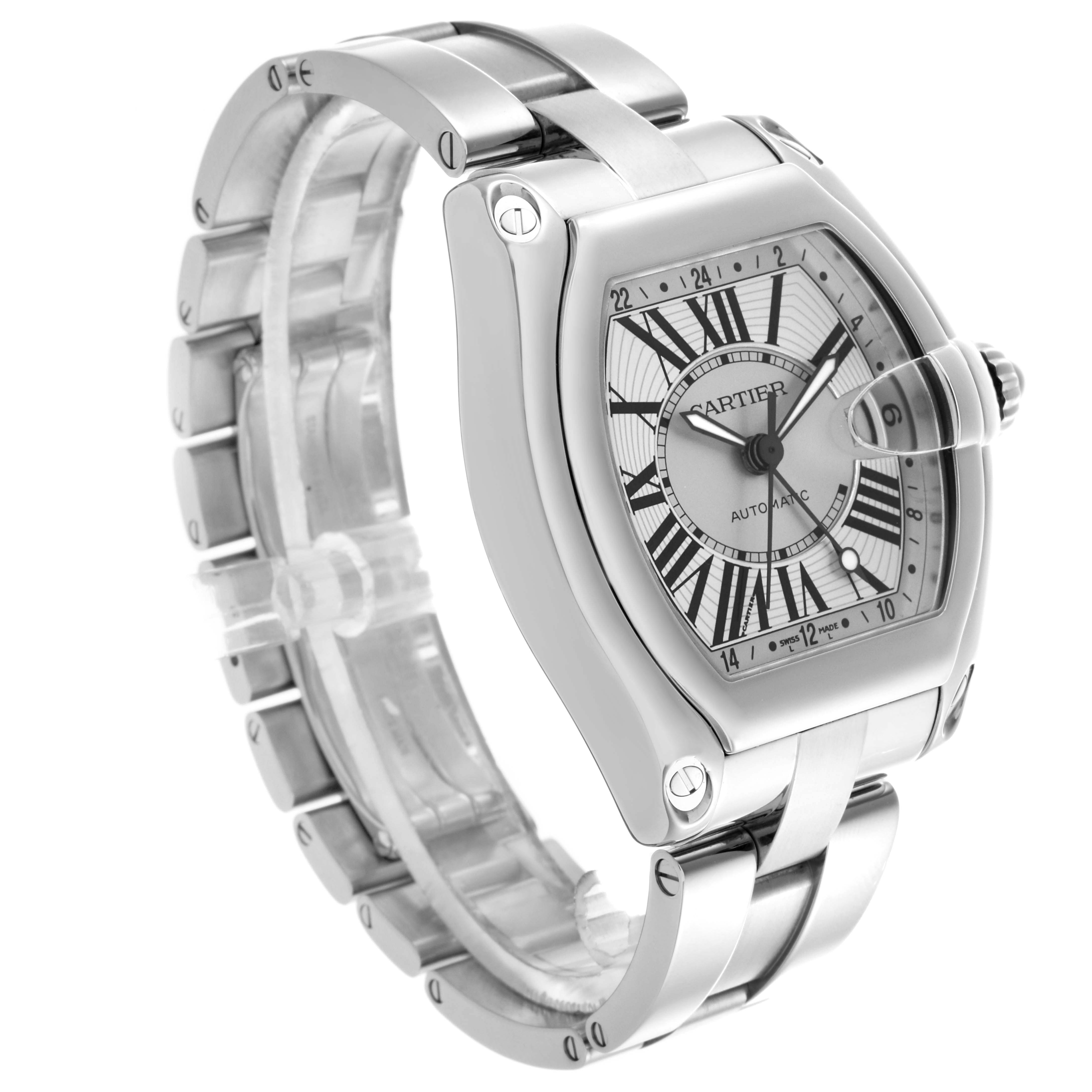 The Cartier Roadster W62032X6 Men's Stainless Steel Silver Dial W62032X6 Men's Stainless Steel Silver Dial watch is shown at a three-quarter angle, highlighting its dial, case, and bracelet.