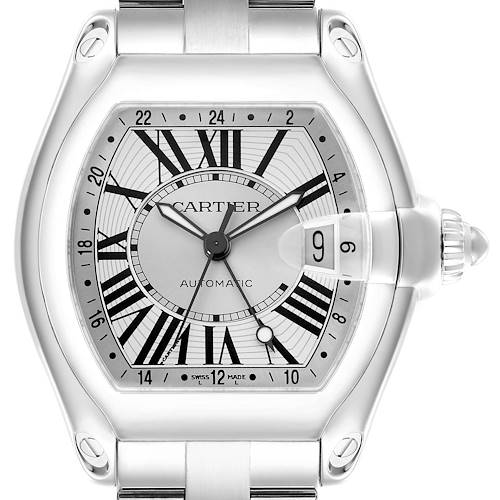 The Cartier Roadster watch is shown from the front, displaying the dial, hands, and date magnifier prominently.