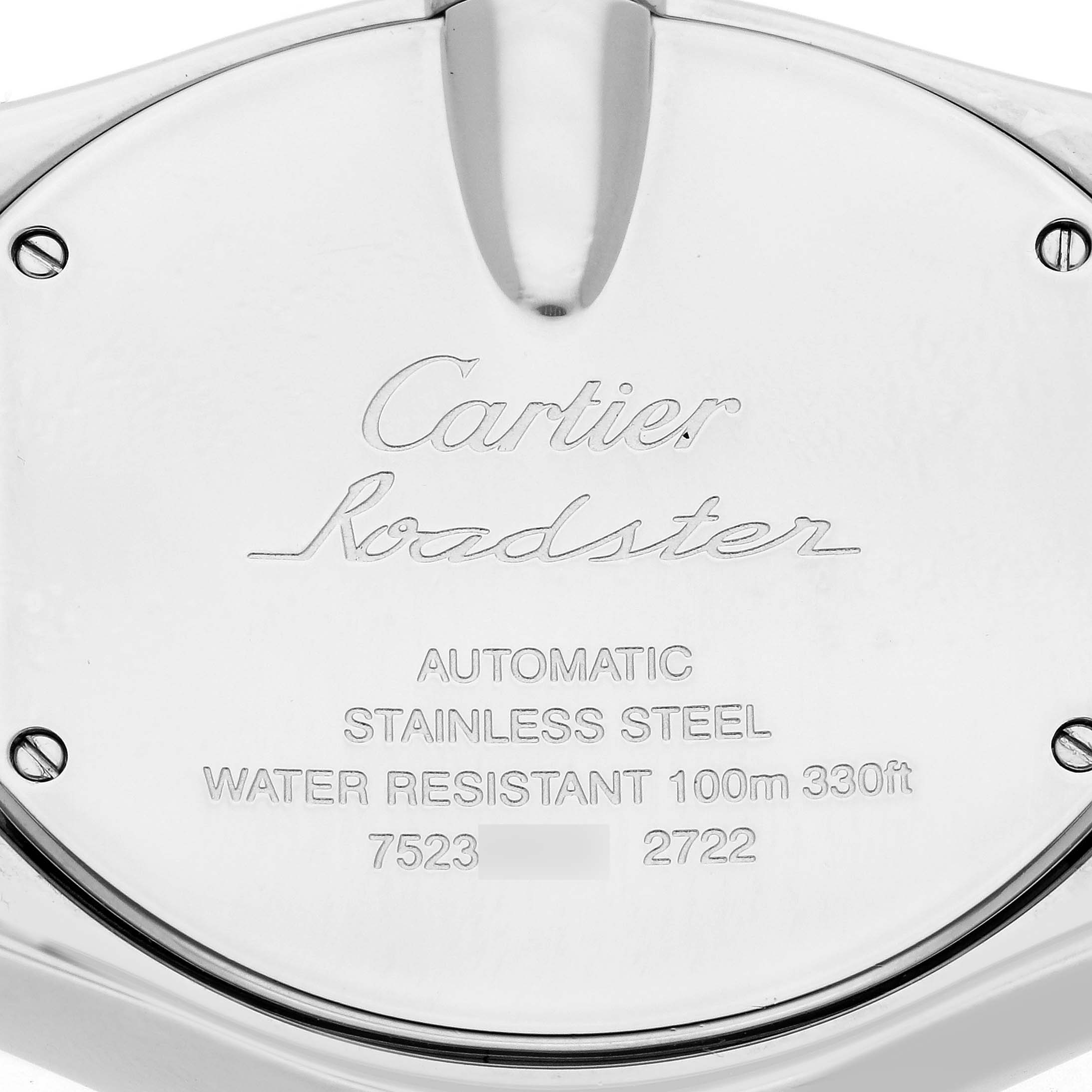 The image shows the back case of a Cartier Roadster W62032X6 Men's Stainless Steel Silver Dial W62032X6 Men's Stainless Steel Silver Dial watch, highlighting the engravings and details.