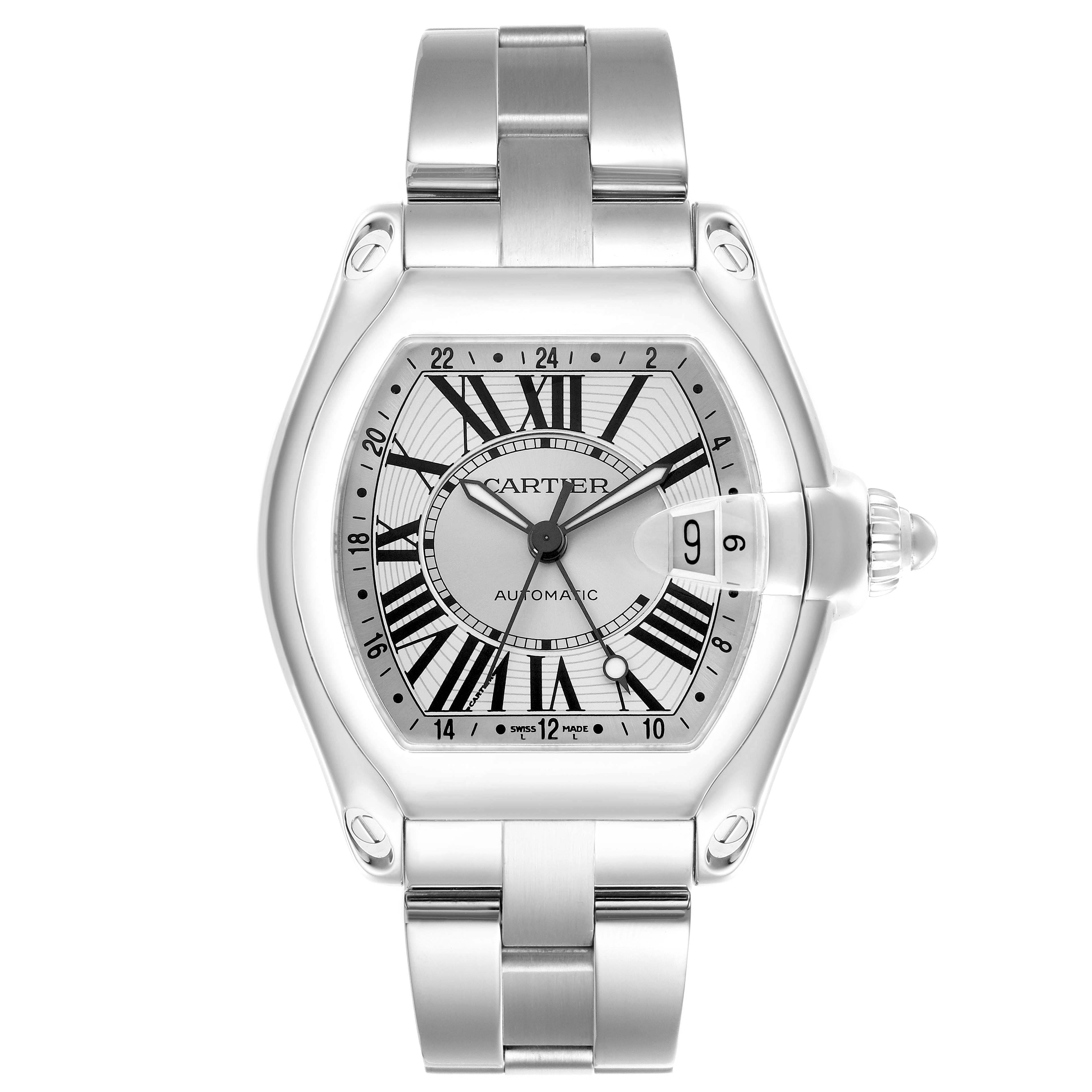 The Cartier Roadster W62032X6 Men's Stainless Steel Silver Dial W62032X6 Men's Stainless Steel Silver Dial watch is shown from a front view, displaying its dial, bezel, and bracelet.