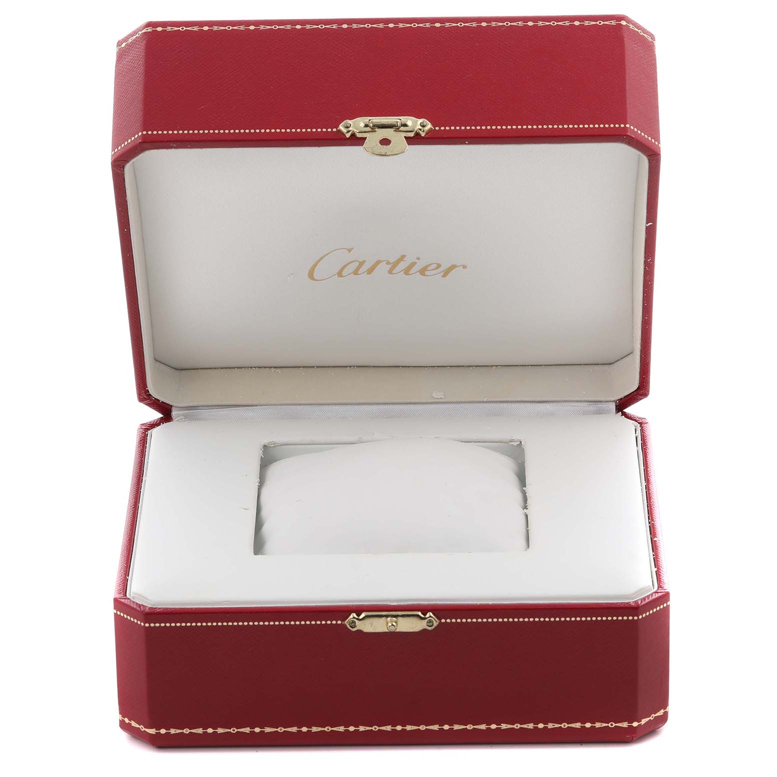 The image shows an open red Cartier watch box for the Roadster model.