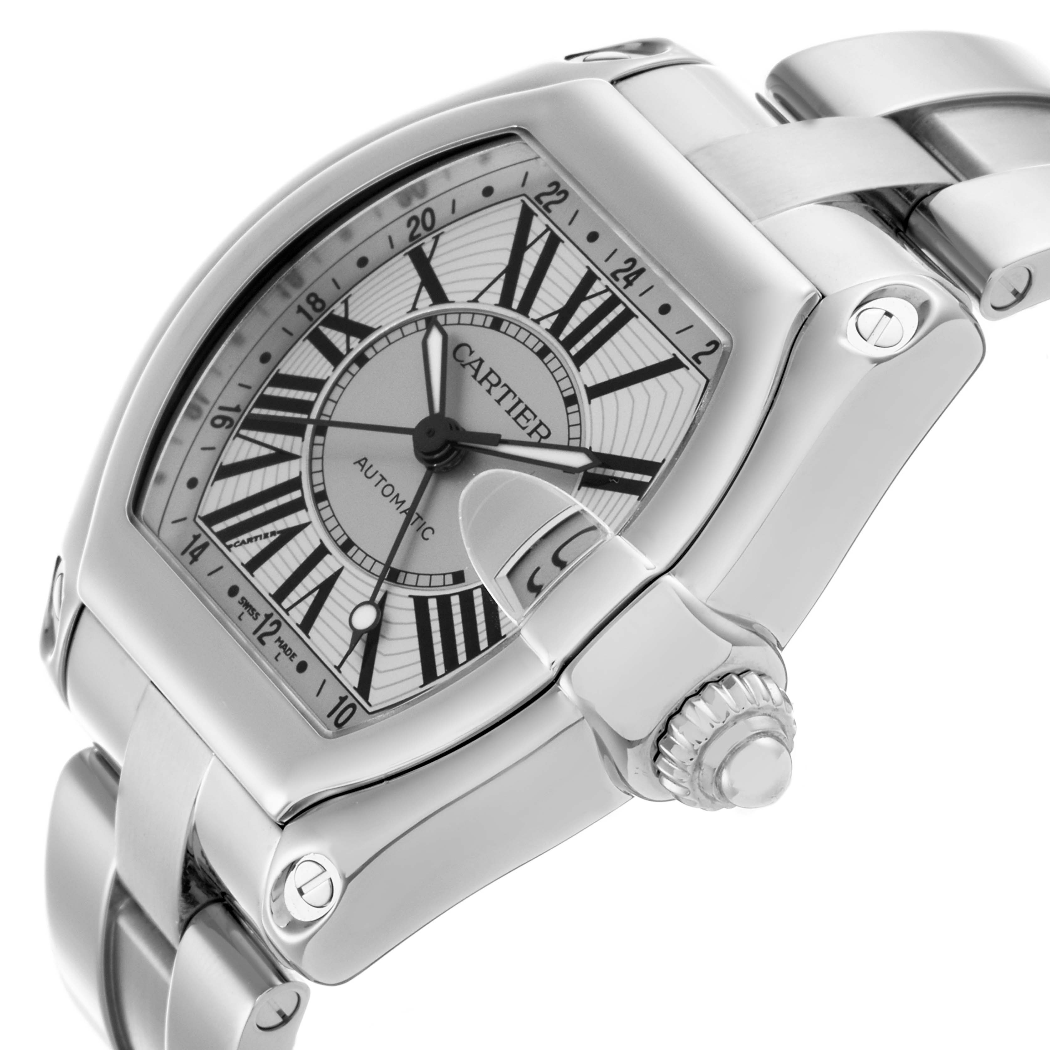 The Cartier Roadster W62032X6 Men's Stainless Steel Silver Dial W62032X6 Men's Stainless Steel Silver Dial watch is shown at a side angle, highlighting the face, crown, and bracelet links.