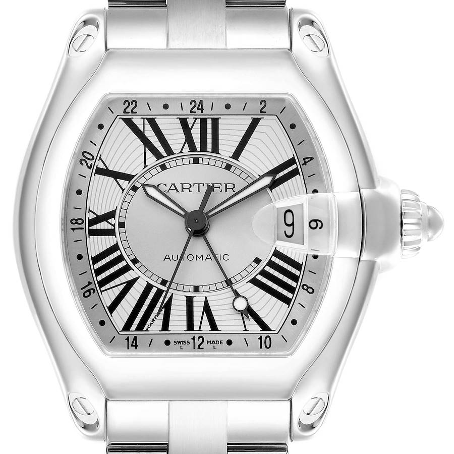 The Cartier Roadster watch is shown from a frontal angle, highlighting the dial, Roman numerals, date window, and crown.