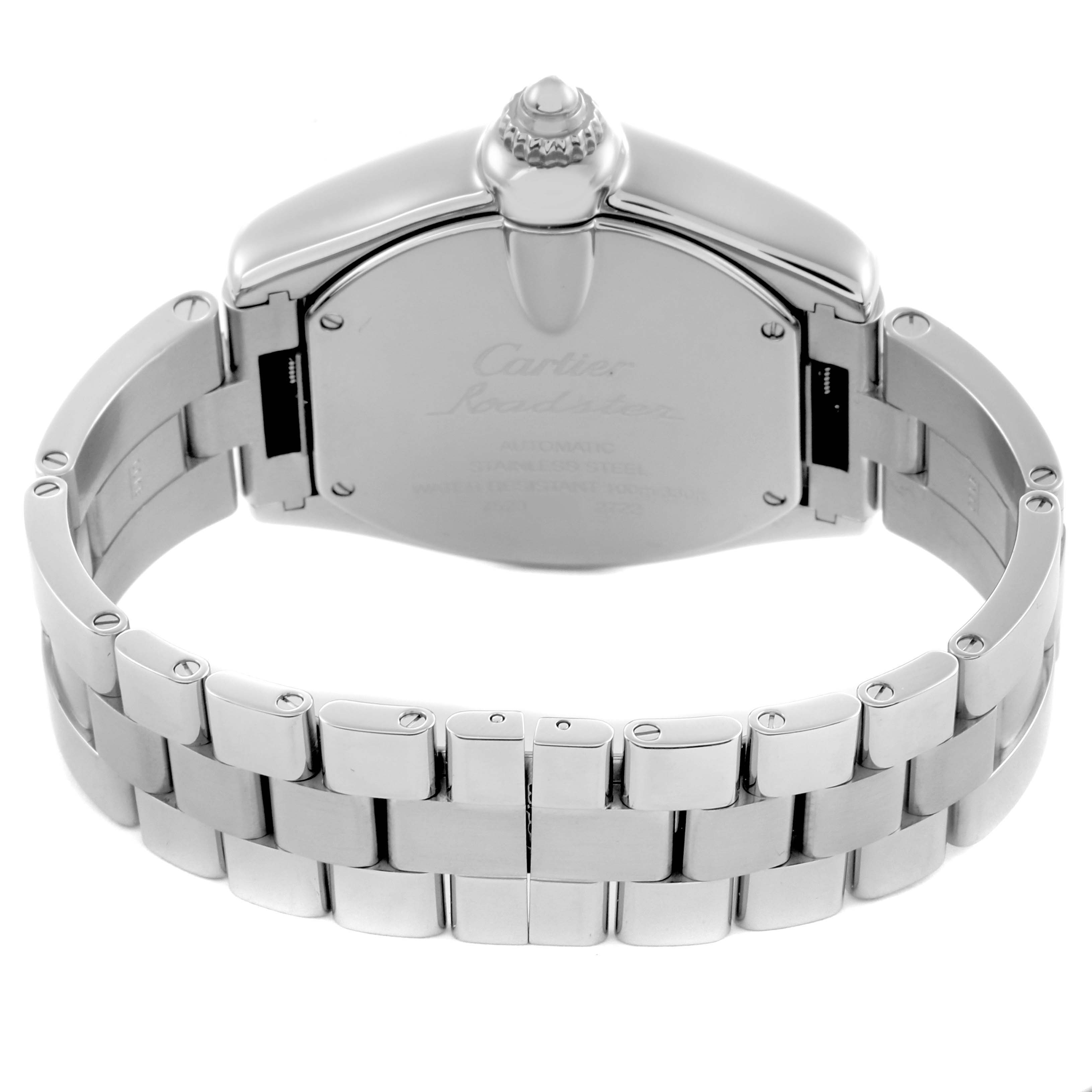 The Cartier Roadster W62032X6 Men's Stainless Steel Silver Dial W62032X6 Men's Stainless Steel Silver Dial watch is shown from the back, displaying its case back and metal bracelet.