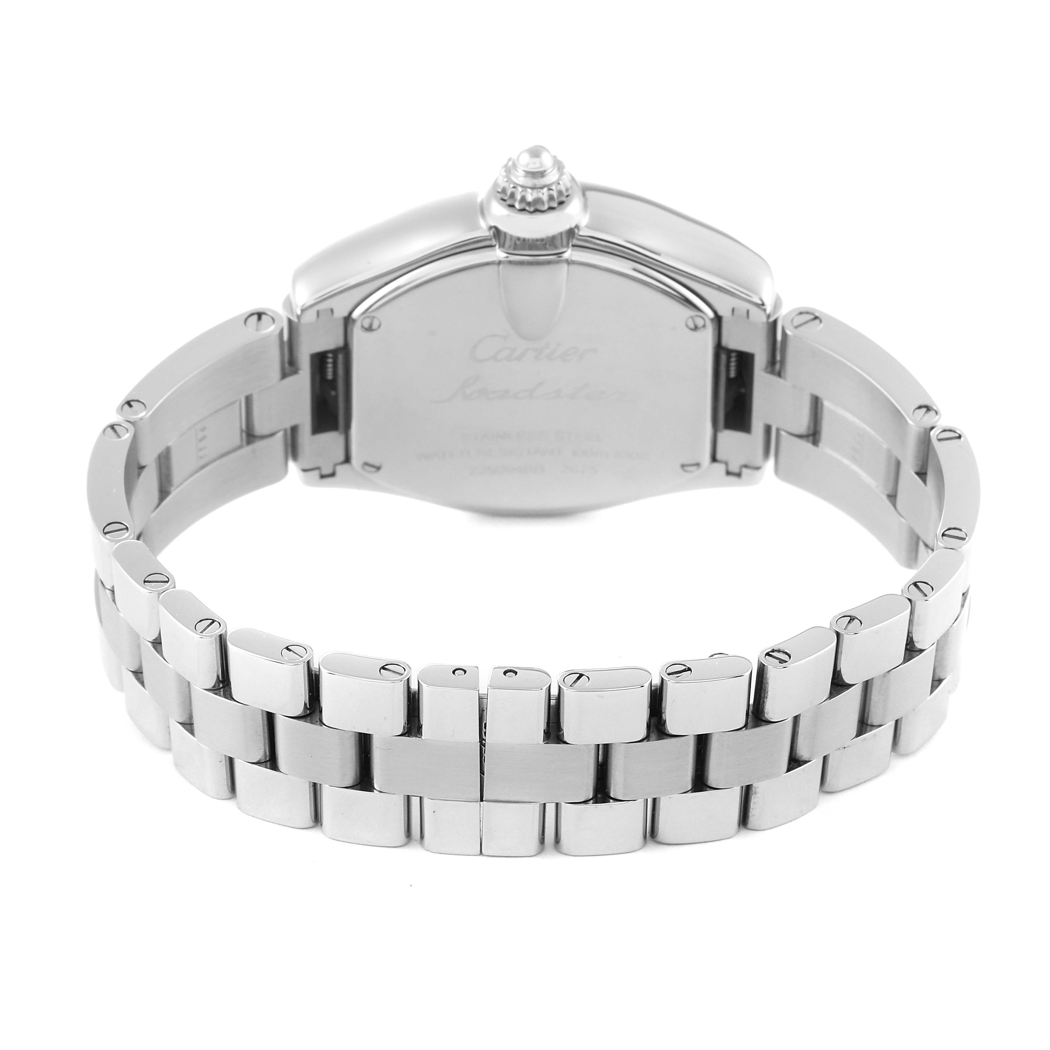 The image shows the back view of a Cartier Roadster W62016V3 Women's Stainless Steel Silver Dial W62016V3 Women's Stainless Steel Silver Dial watch with its stainless steel bracelet and clasp.