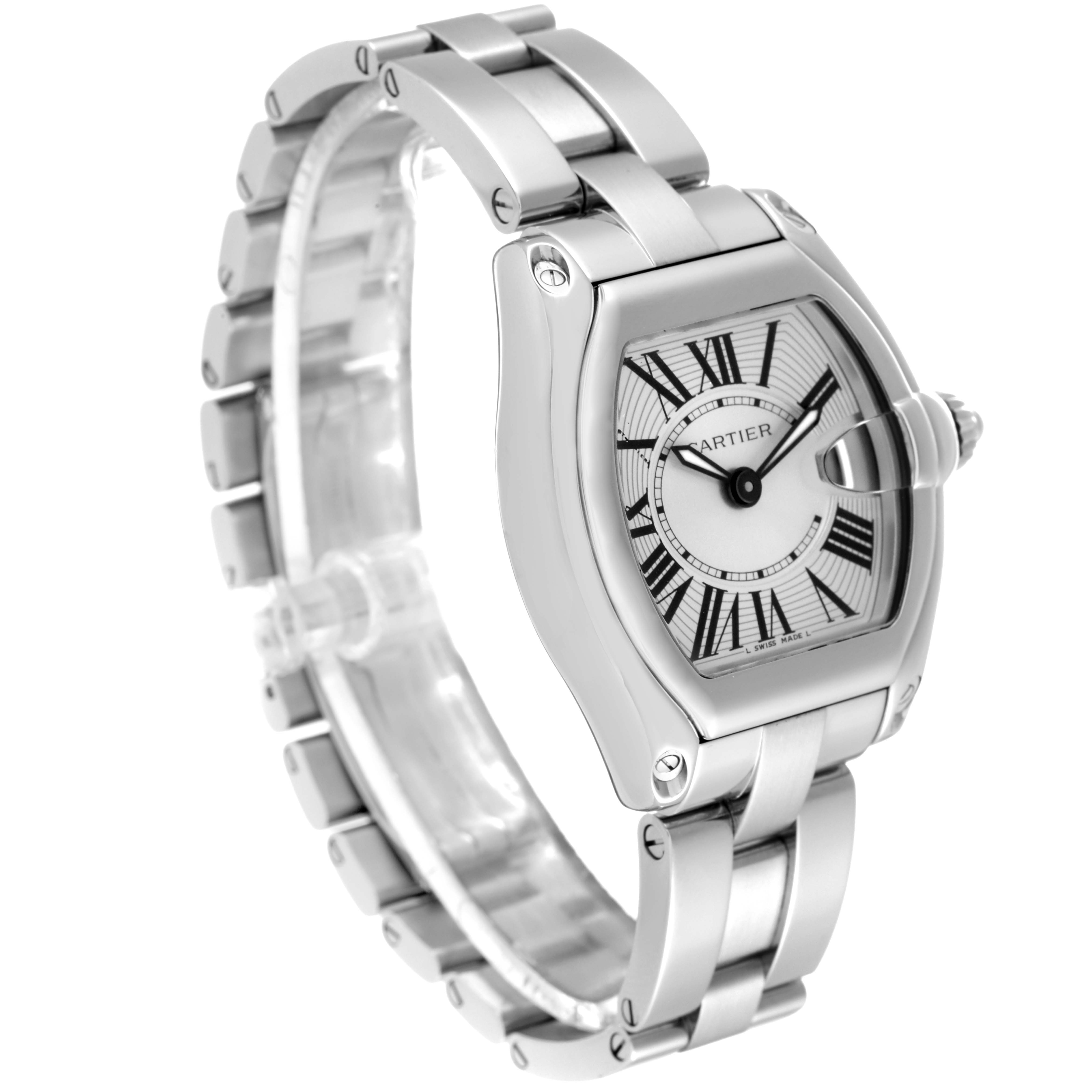 The image shows a Cartier Roadster W62016V3 Women's Stainless Steel Silver Dial W62016V3 Women's Stainless Steel Silver Dial watch at a three-quarter angle, highlighting its face, bezel, and metal bracelet.