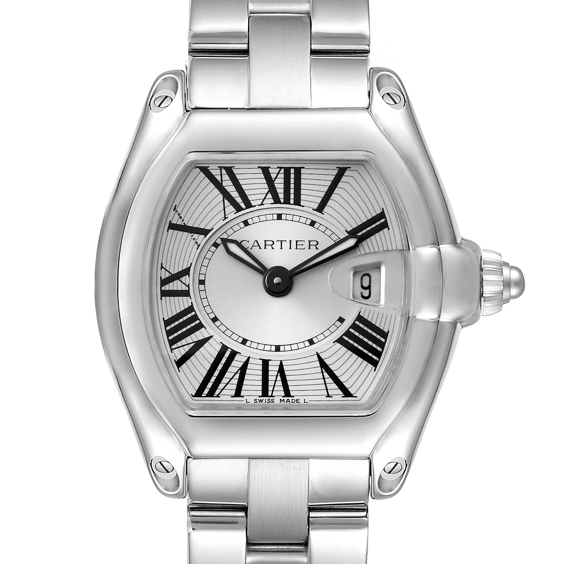 This image shows a close-up of the Cartier Roadster W62016V3 Women's Stainless Steel Silver Dial W62016V3 Women's Stainless Steel Silver Dial watch, highlighting its dial, Roman numerals, hands, date window, and part of the bracelet.