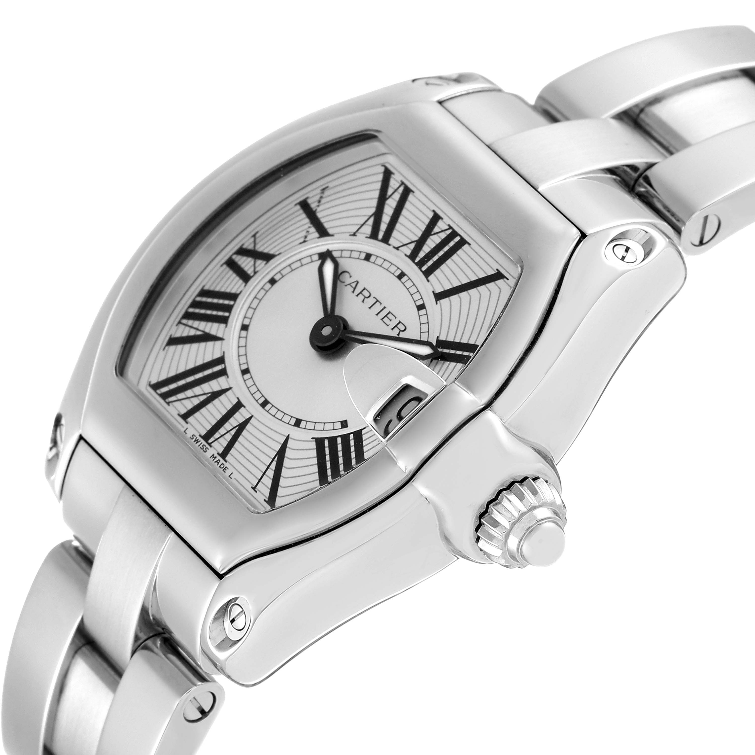 This image shows a close-up, angled view of the dial, crown, and part of the bracelet of a Cartier Roadster W62016V3 Women's Stainless Steel Silver Dial W62016V3 Women's Stainless Steel Silver Dial watch.