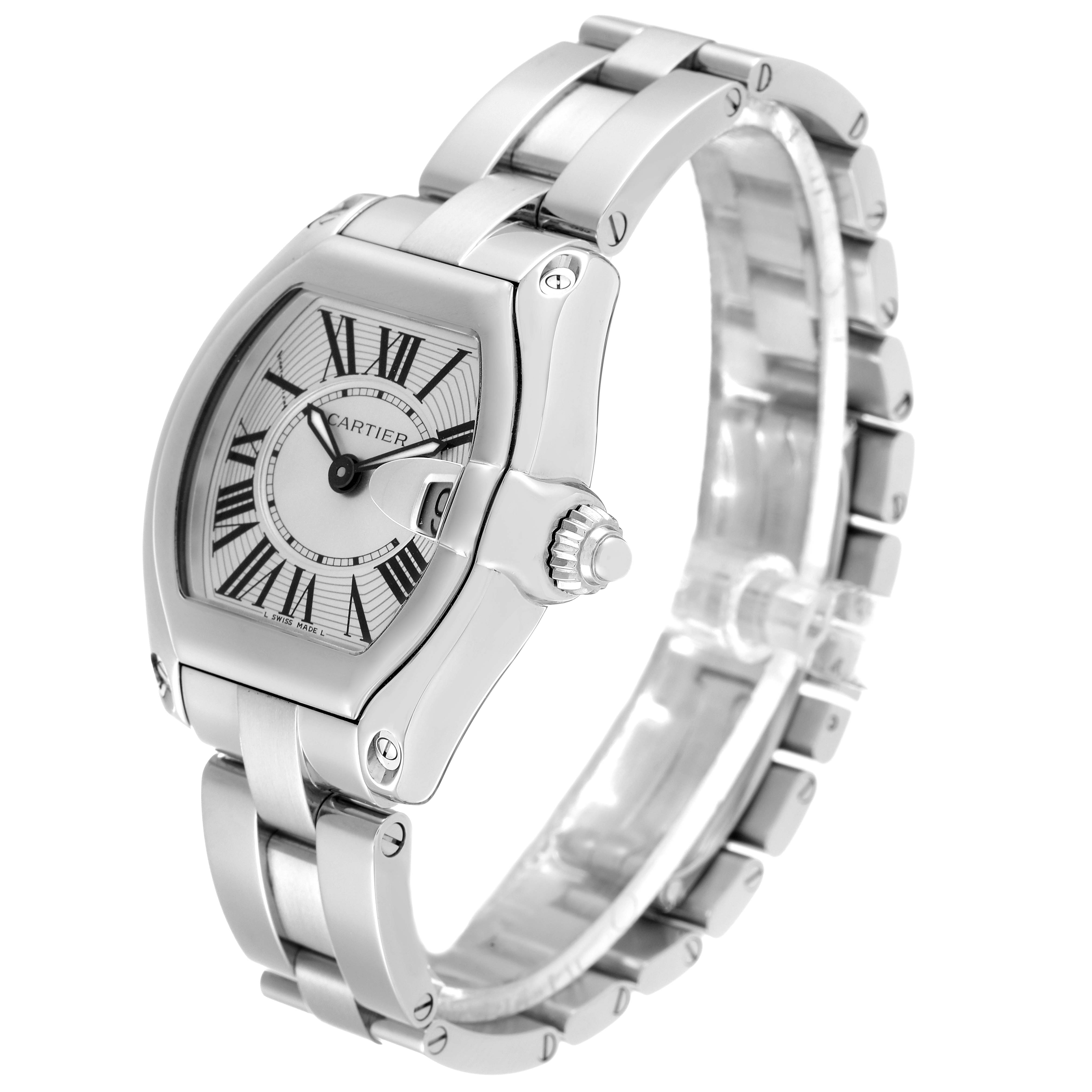 The image displays a Cartier Roadster W62016V3 Women's Stainless Steel Silver Dial W62016V3 Women's Stainless Steel Silver Dial watch from a side angle, showing its face, crown, and part of the metal bracelet.