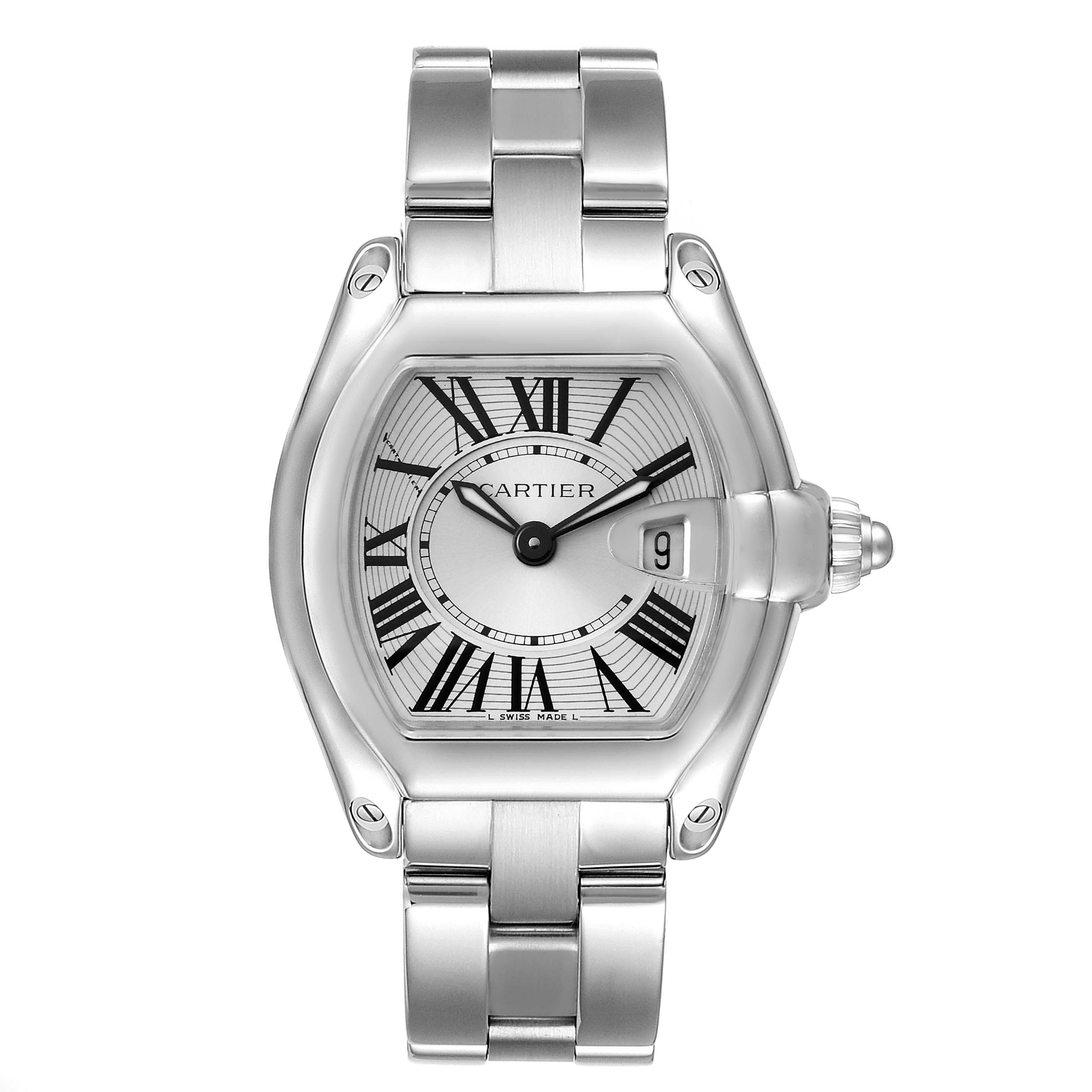 The image shows a head-on view of the Cartier Roadster W62016V3 Women's Stainless Steel Silver Dial W62016V3 Women's Stainless Steel Silver Dial watch, displaying its face, case, and bracelet.