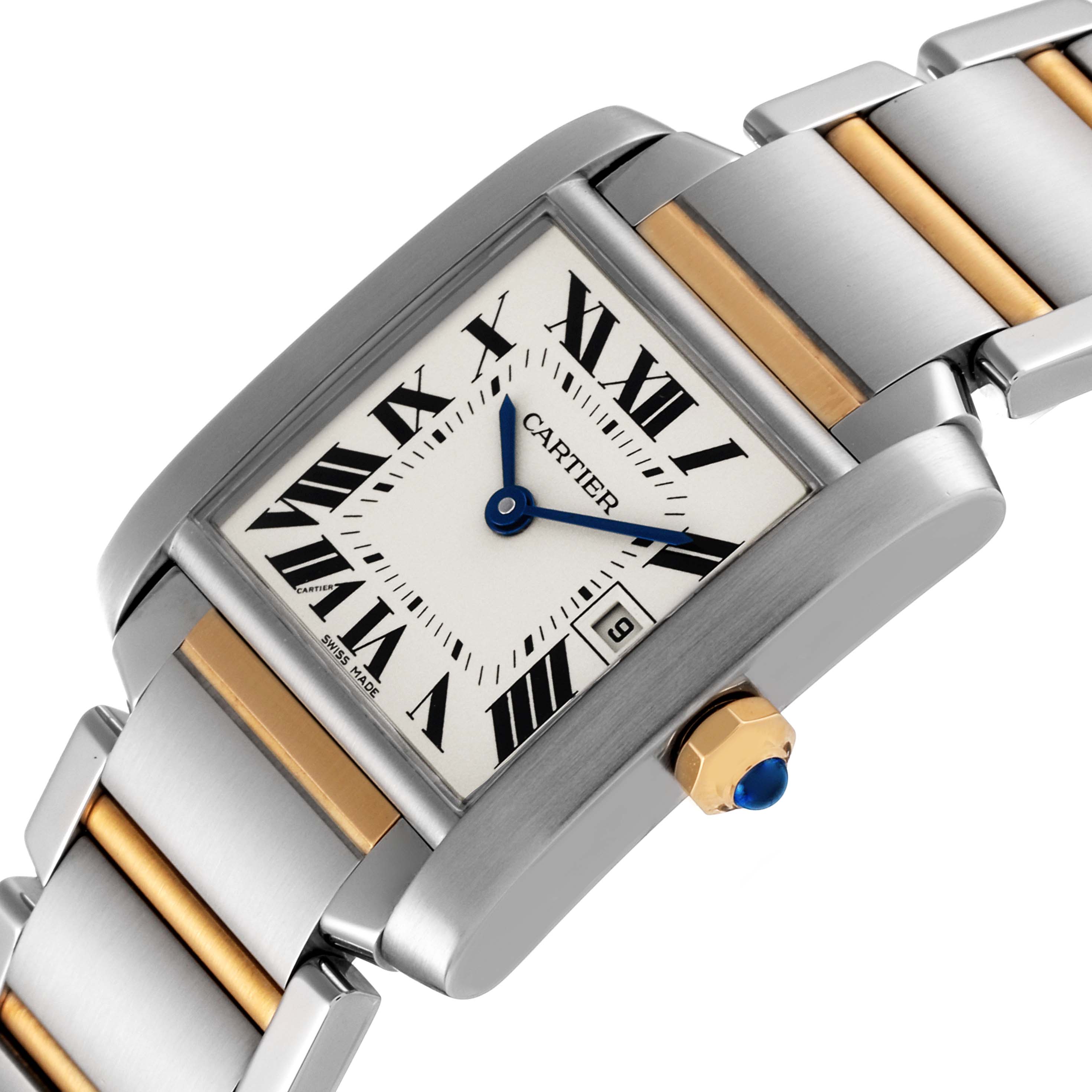 The image shows a close-up, angled view of the Cartier Tank Française watch, highlighting the face, bracelet, and crown.