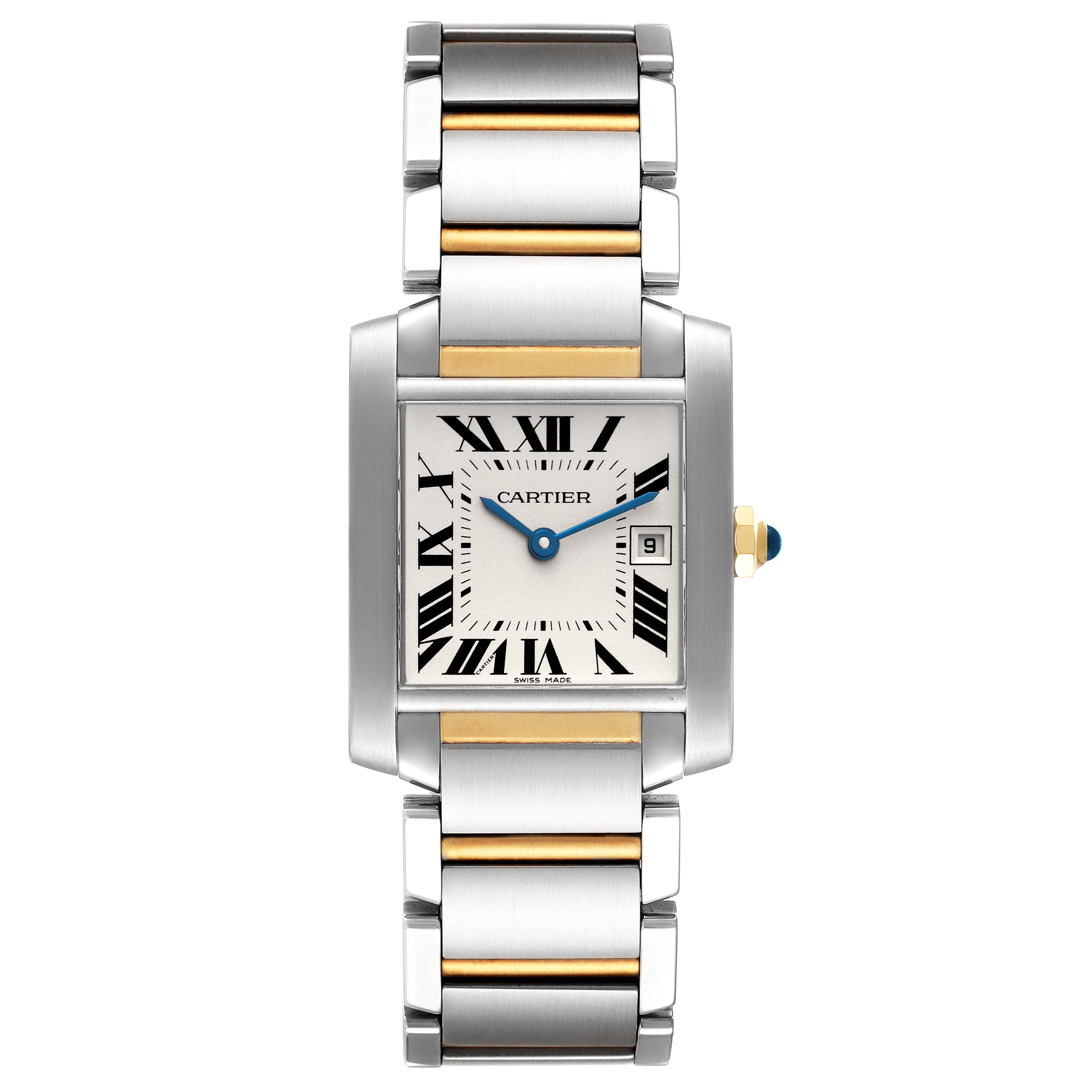 This image shows a front view of a Cartier Tank Française watch, highlighting its face, bracelet, and dial.