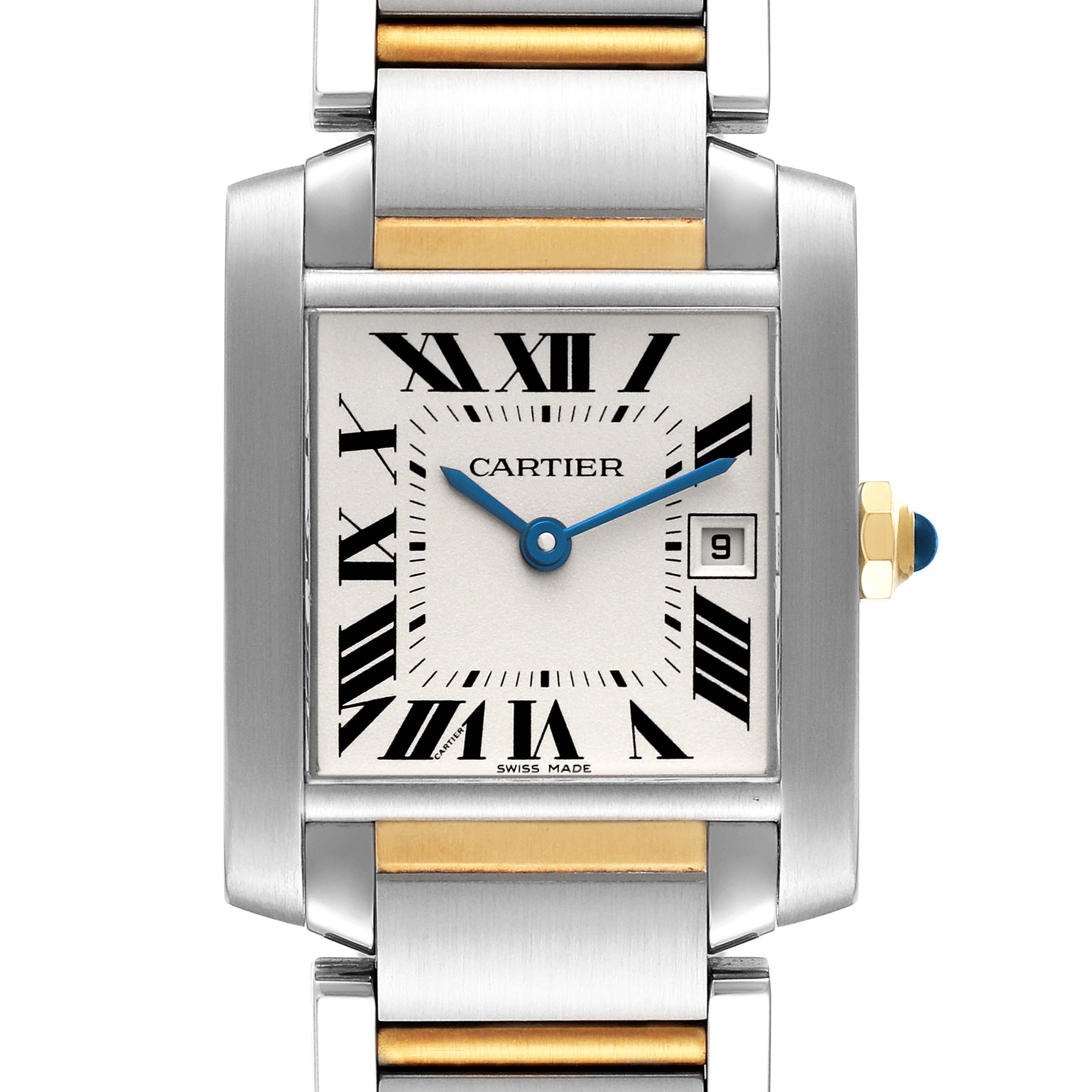 This image shows a straight-on view of the Cartier Tank Francaise W51012Q4 Women's Steel and Gold (two tone)  W51012Q4 Women's Steel and Gold (two tone)  watch with a mix of gold and silver detailing.
