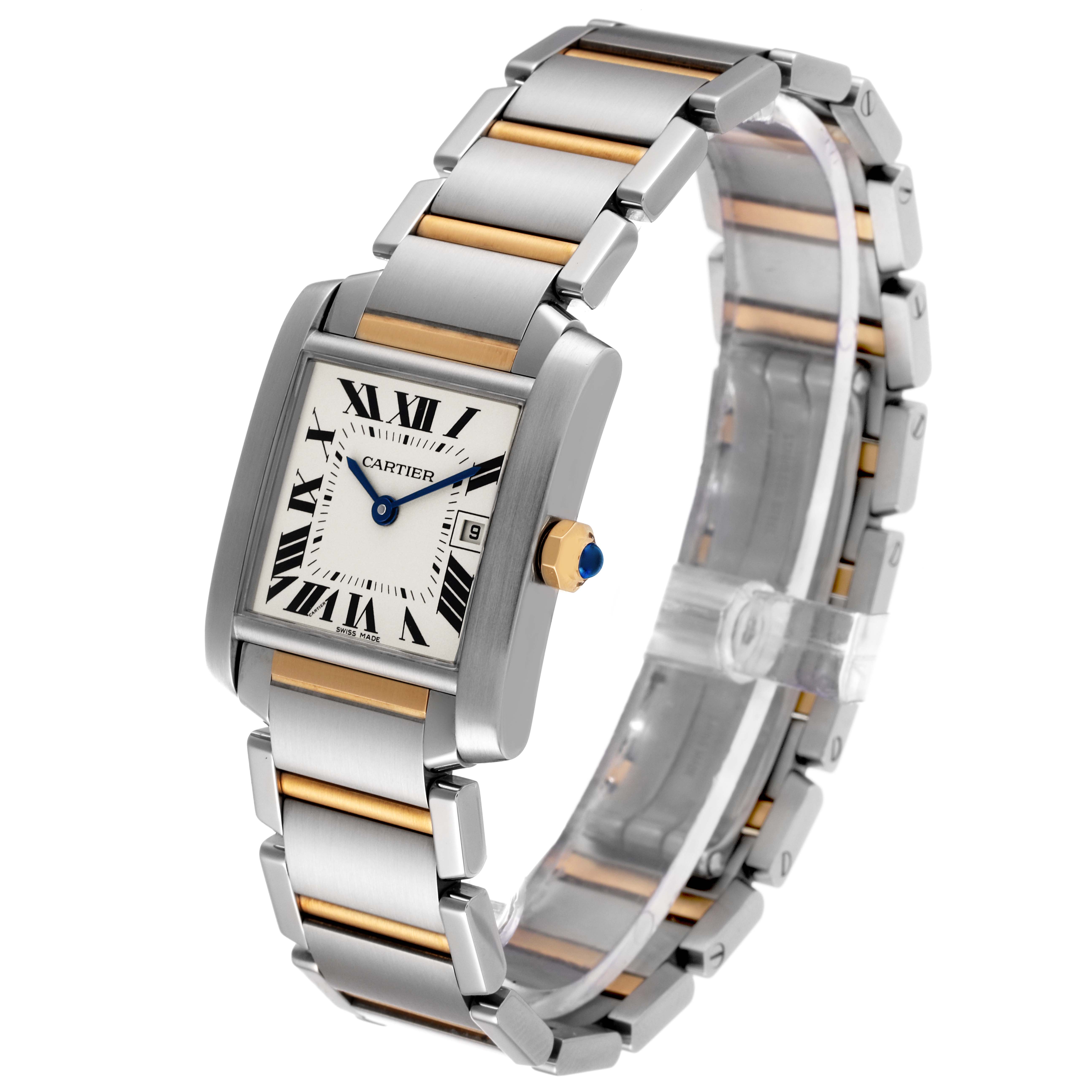 The Cartier Tank Francaise W51012Q4 Women's Steel and Gold (two tone)  W51012Q4 Women's Steel and Gold (two tone)  watch is shown at an angle highlighting the dial, crown, and bracelet with silver and gold links.