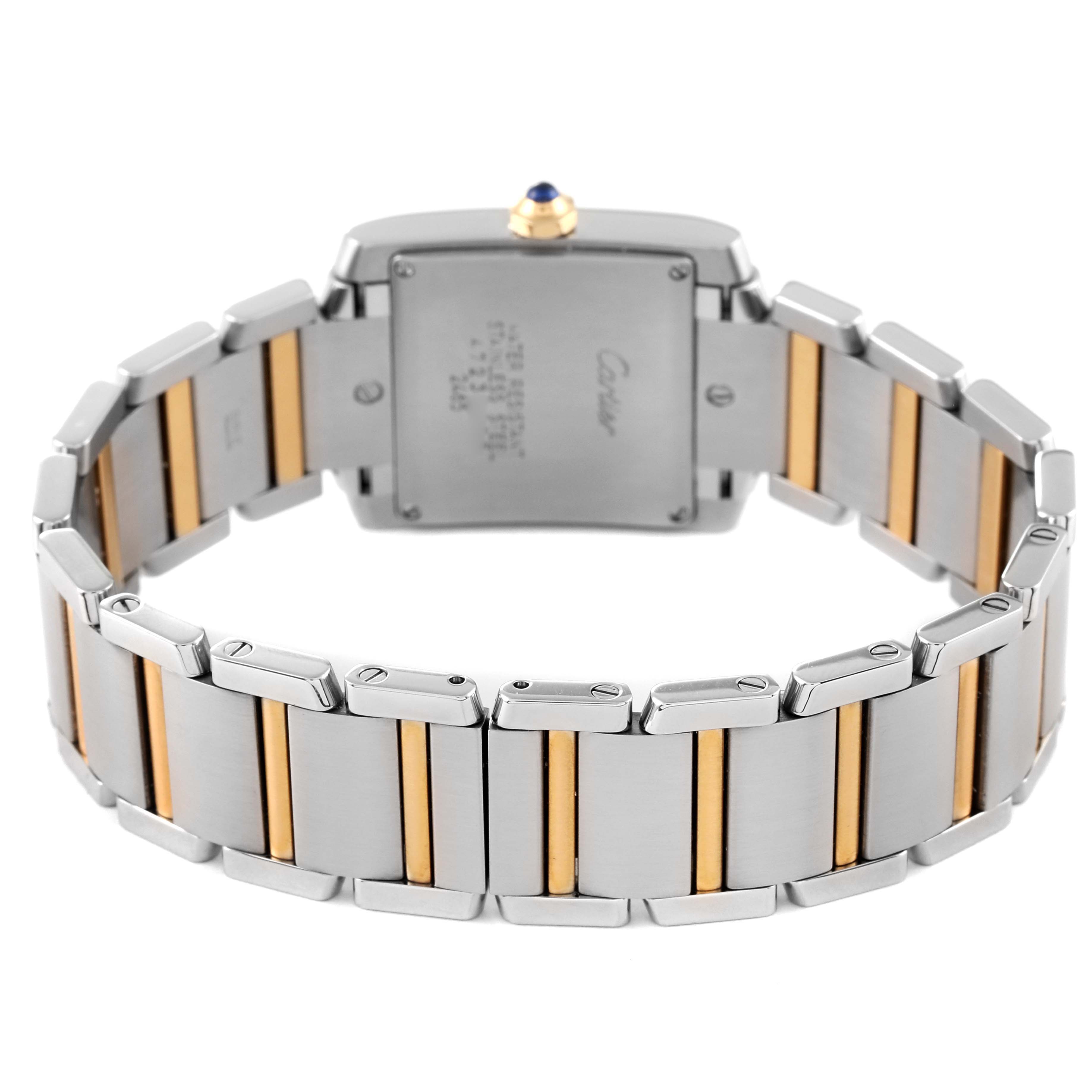 This image shows the back view of the Cartier Tank Francaise W51012Q4 Women's Steel and Gold (two tone)  W51012Q4 Women's Steel and Gold (two tone)  watch, highlighting its stainless steel and gold bracelet links and the Cartier engravings.