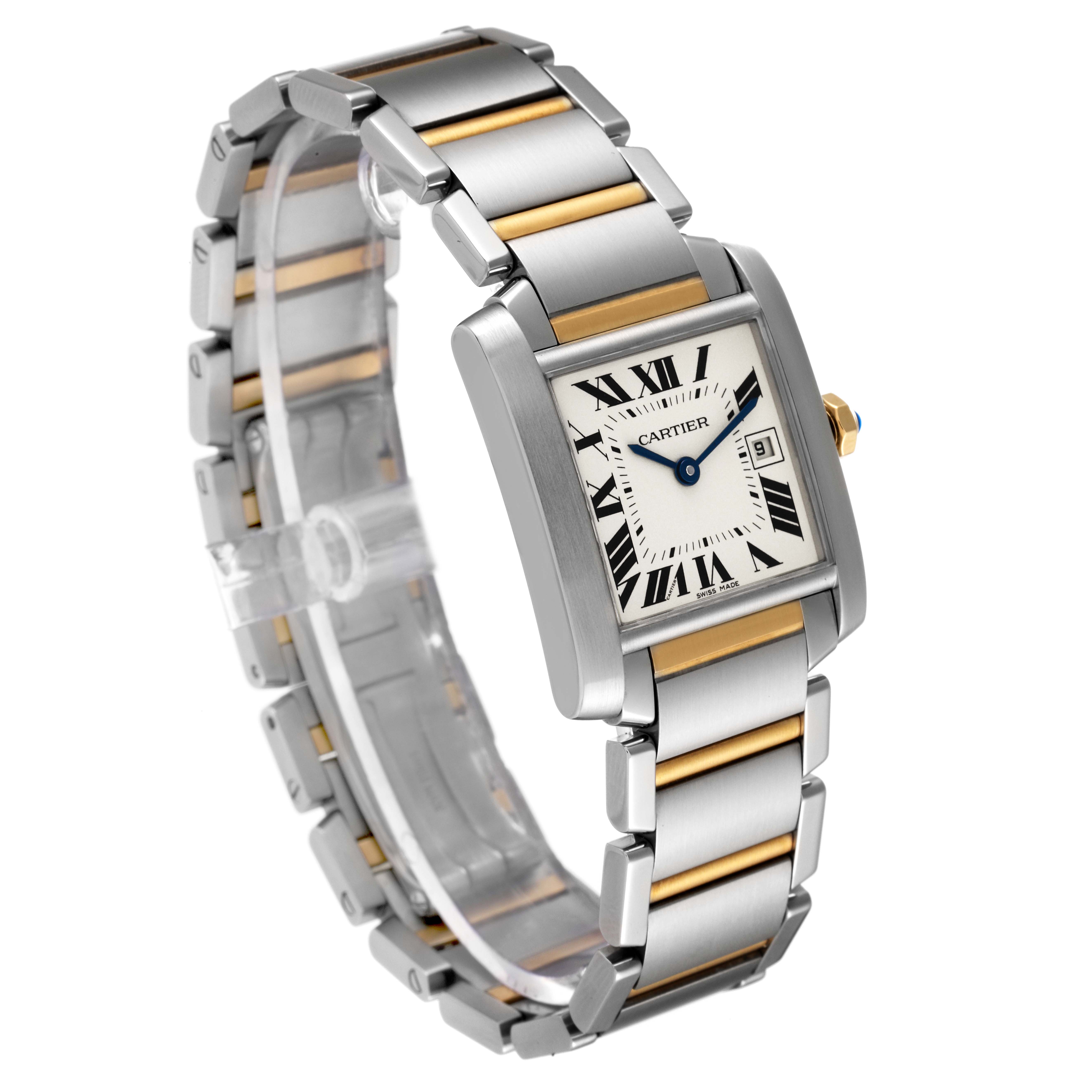 The image shows a Cartier Tank Française watch at a three-quarter angle, featuring its rectangular face, Roman numerals, and two-tone bracelet.