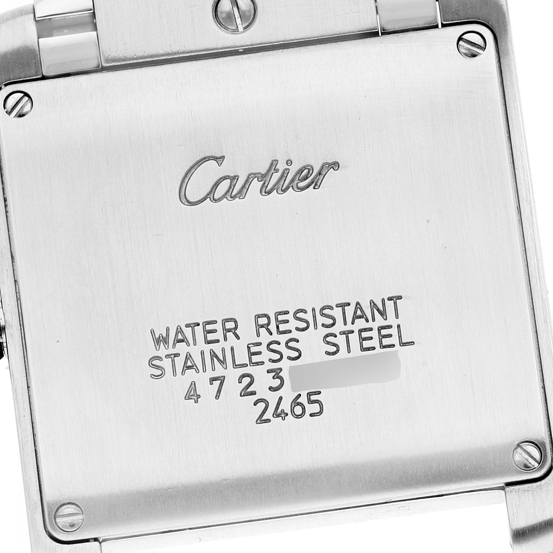This image shows the back case of a Tank Francaise watch by Cartier, displaying water resistance and material details.